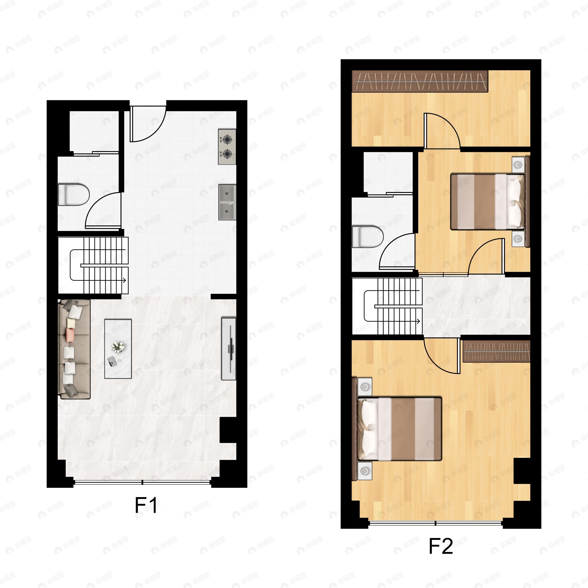 2室2厅2卫建面56平北|西|南|东户型图