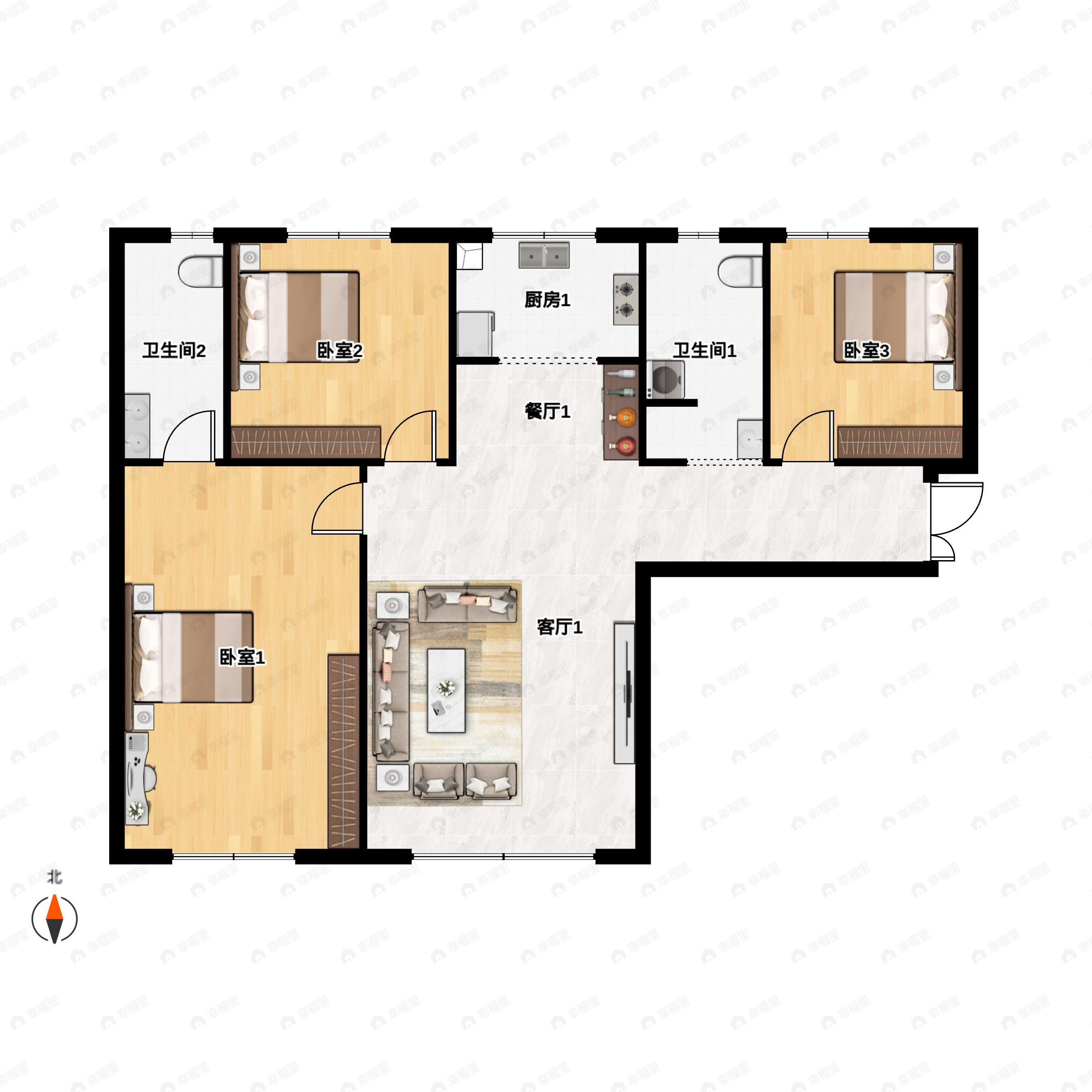 3室2厅2卫建面124平南户型图