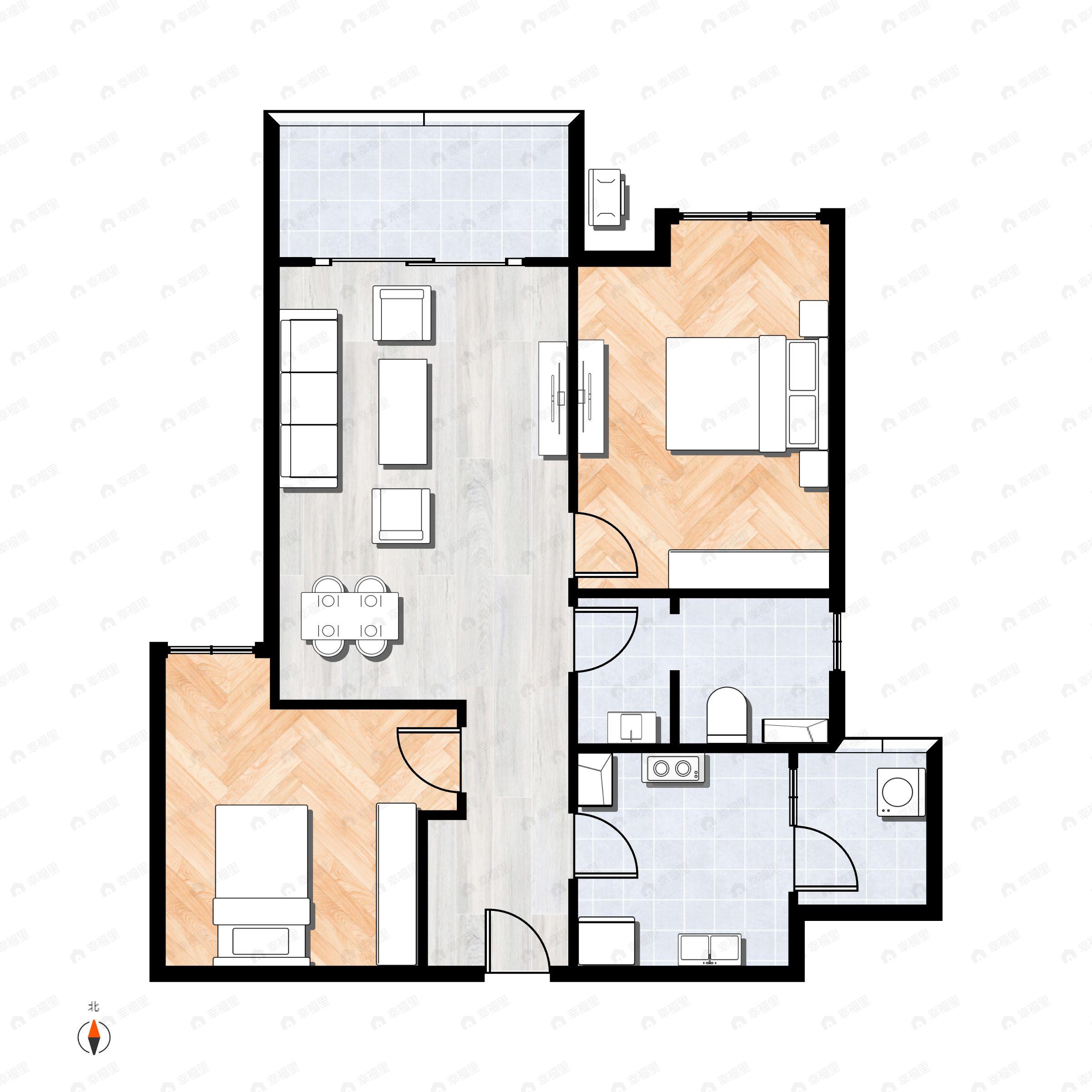 2室2厅1卫建面72m²北户型图