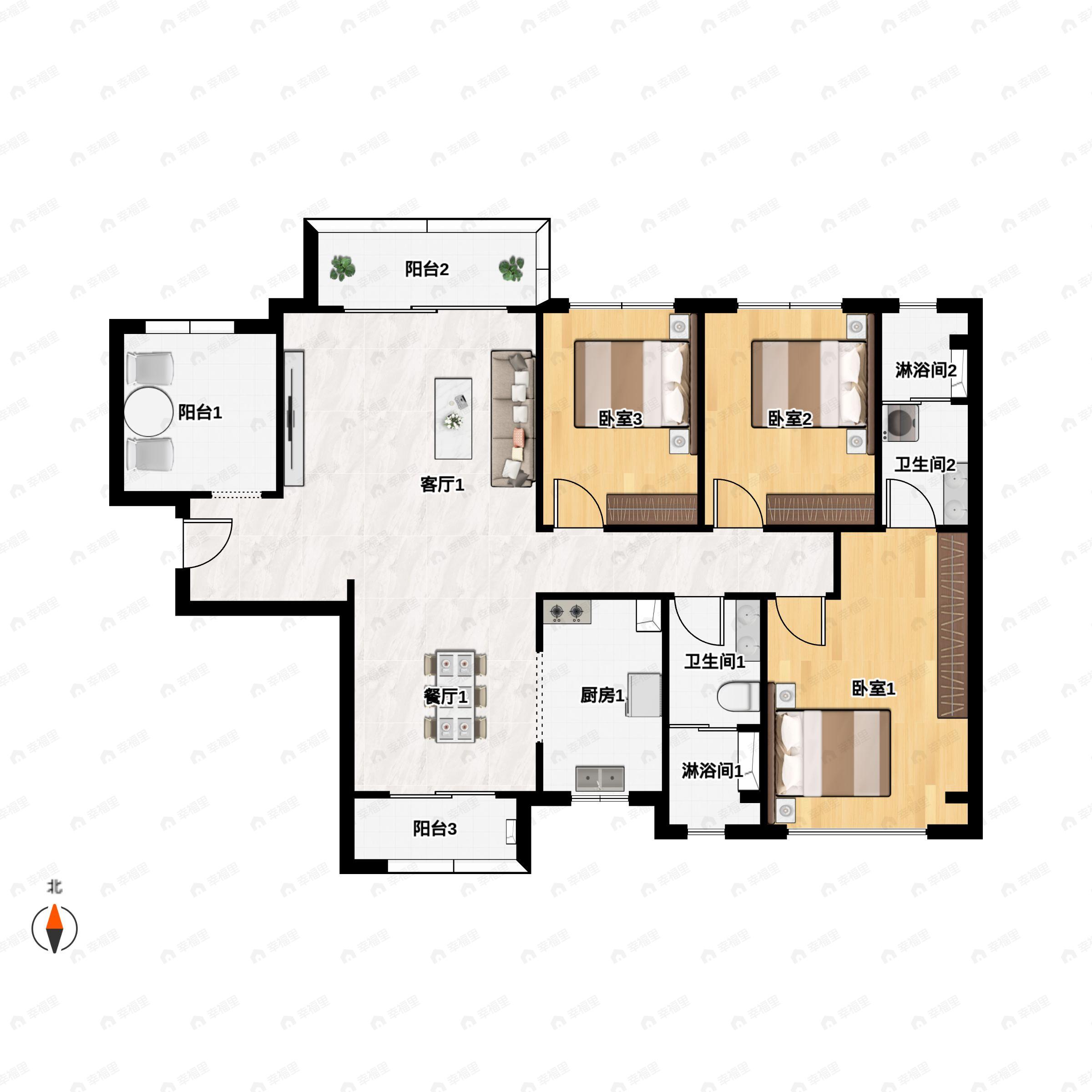 3室2厅2卫建面122平北户型图