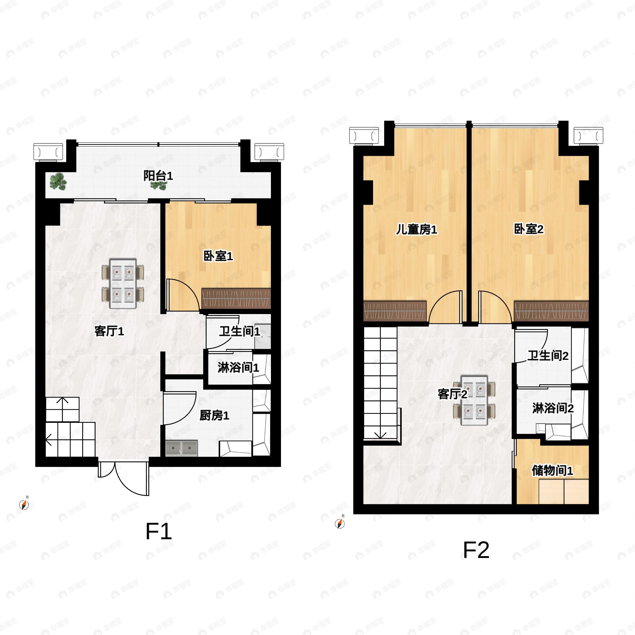 3室2厅2卫建面63m²南|北户型图