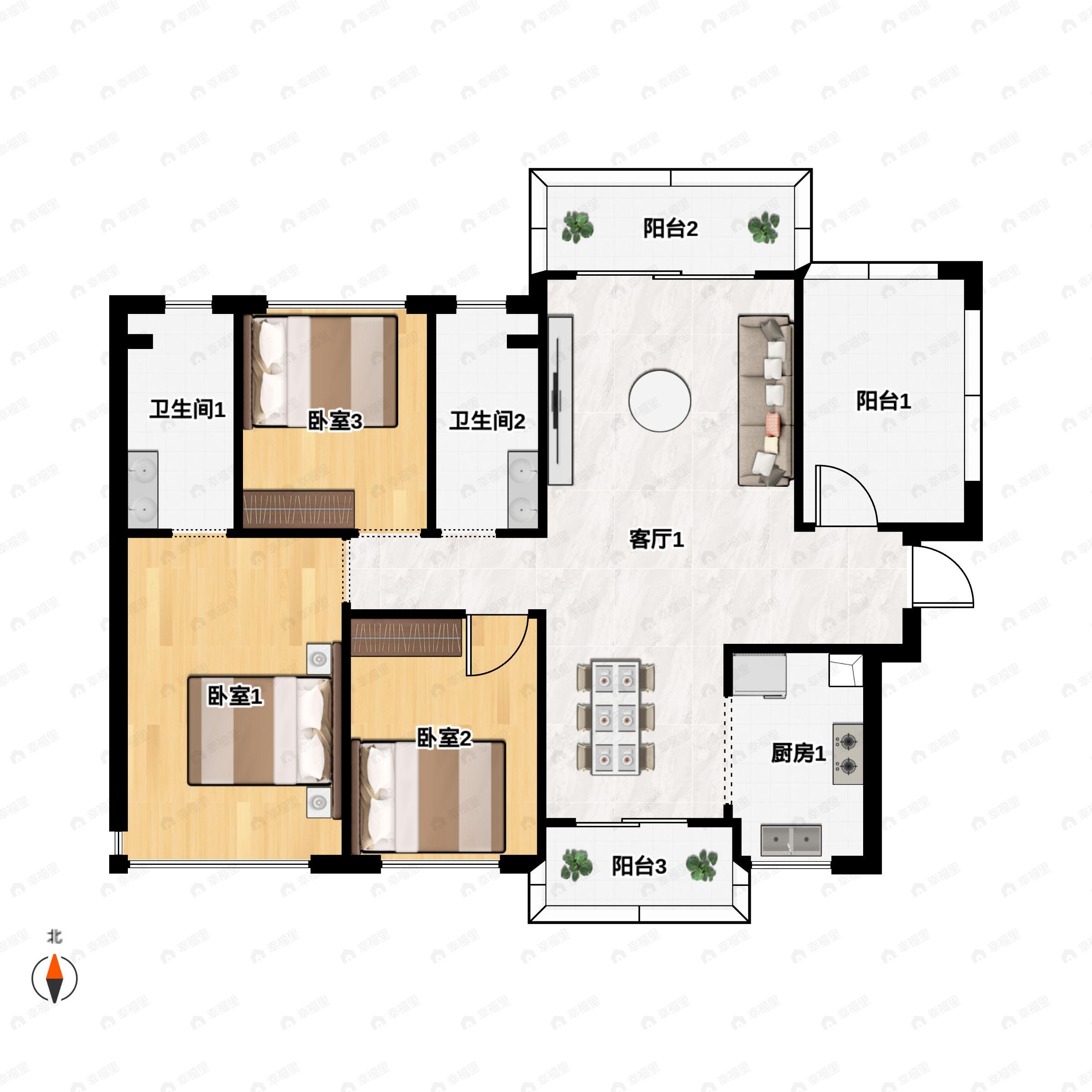 3室2厅2卫建面117m²东南户型图