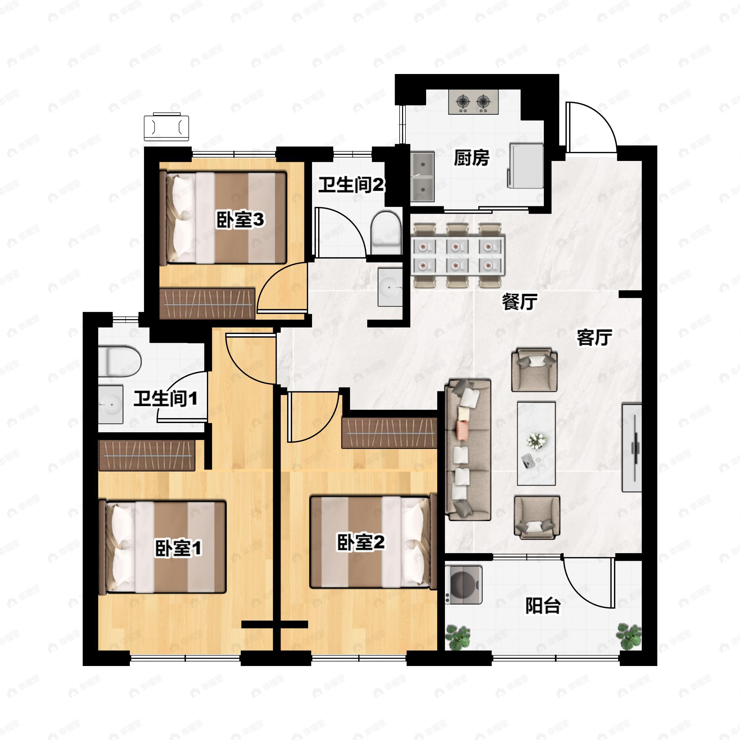 3室2厅2卫建面118平户型图