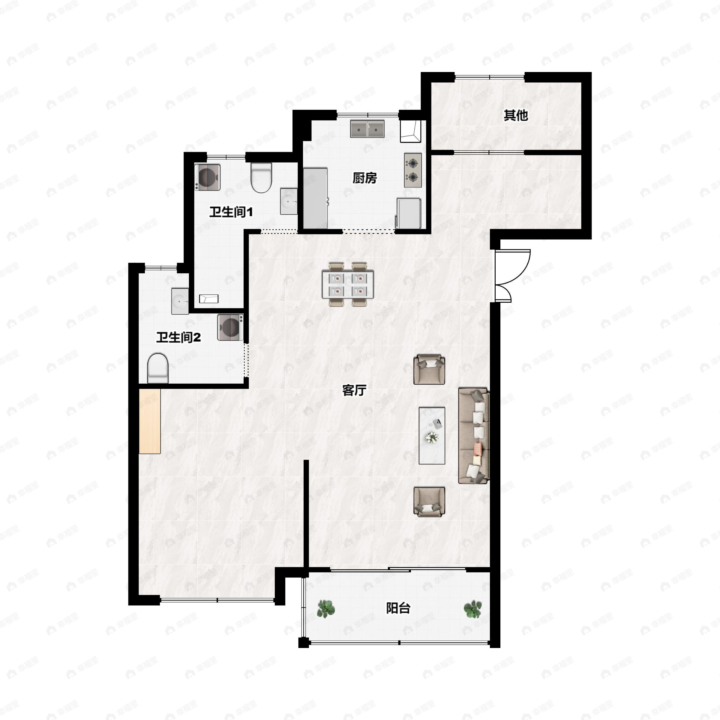 2室2厅2卫建面87平北|南户型图