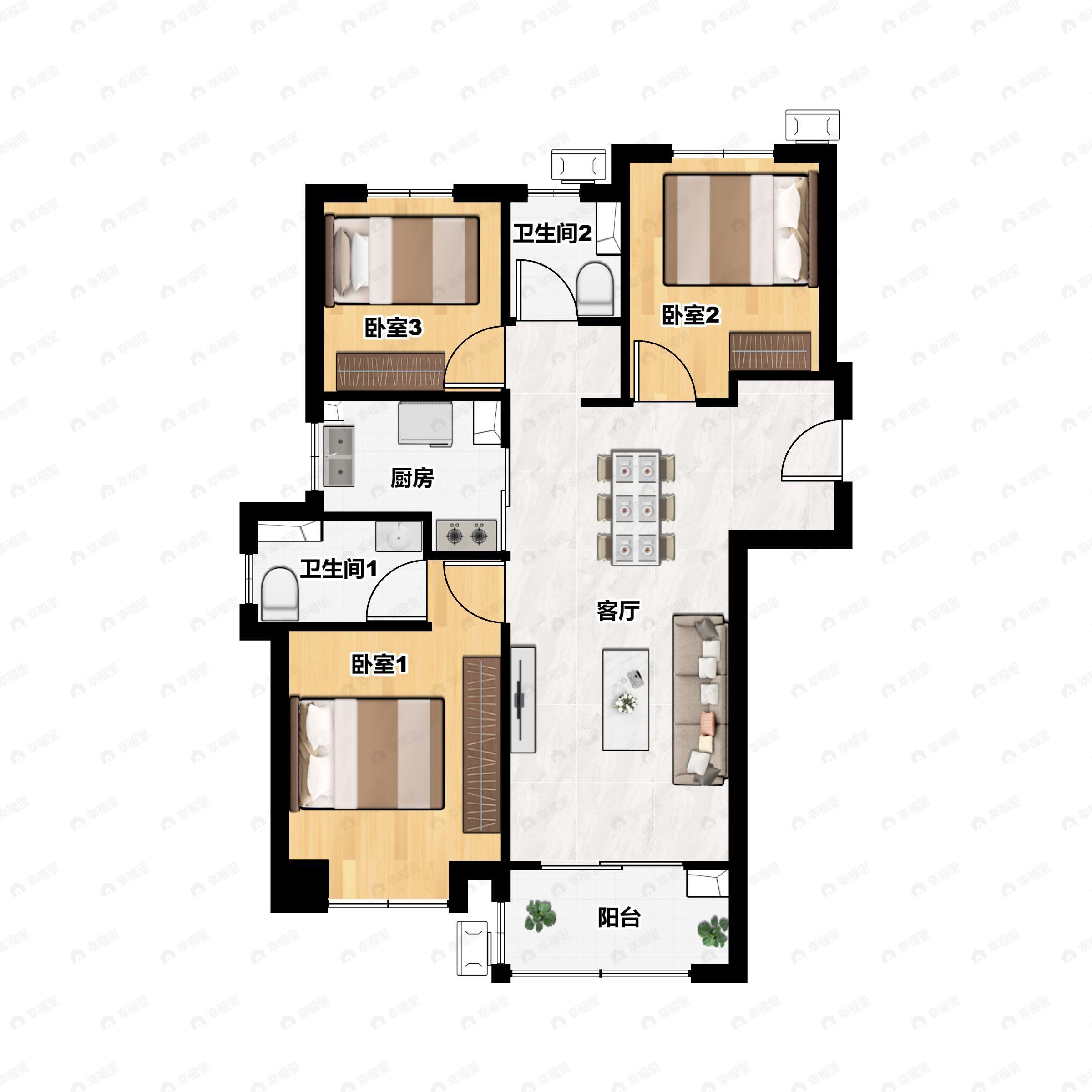 3室2厅2卫建面109m²南|北户型图