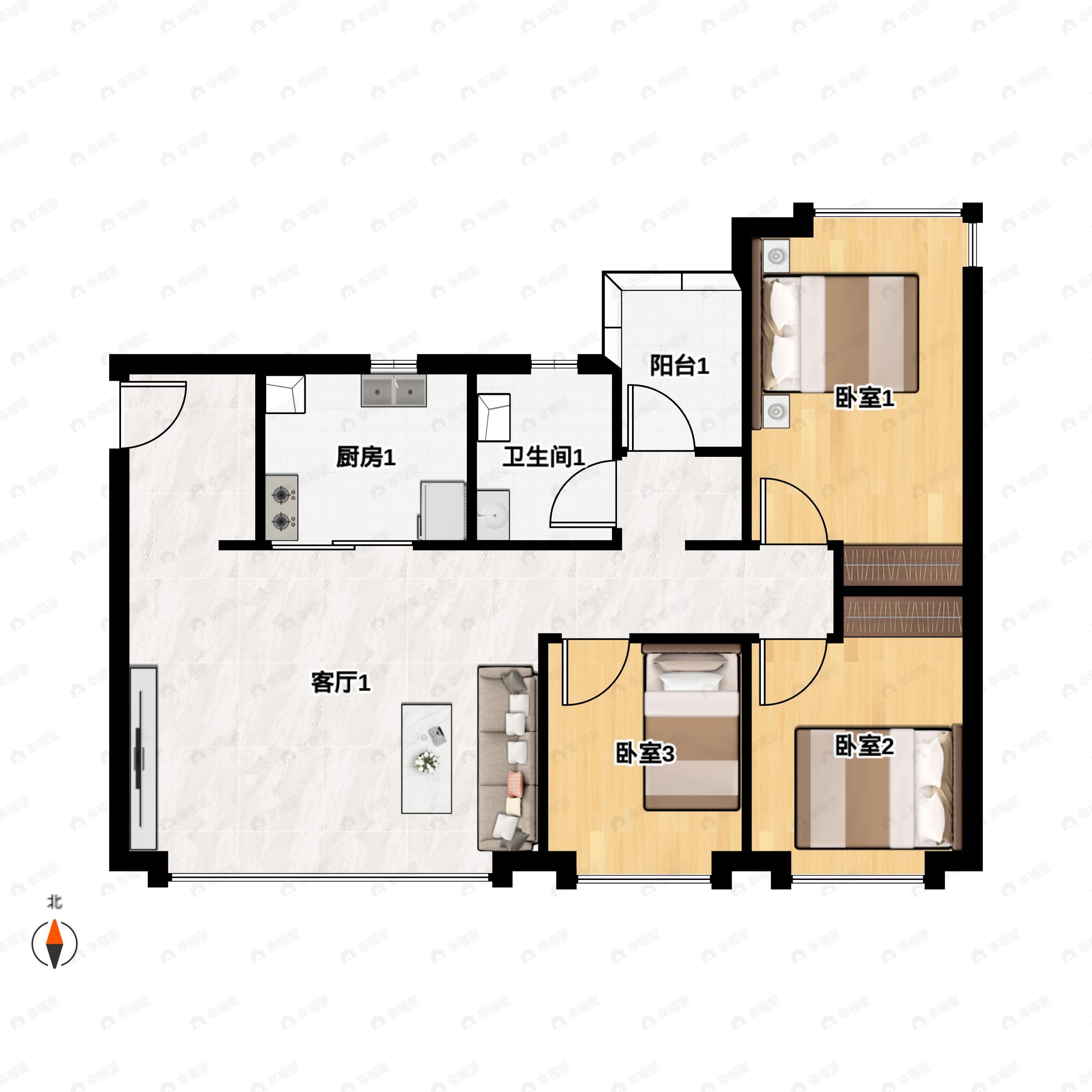 3室2厅2卫建面143m²南户型图