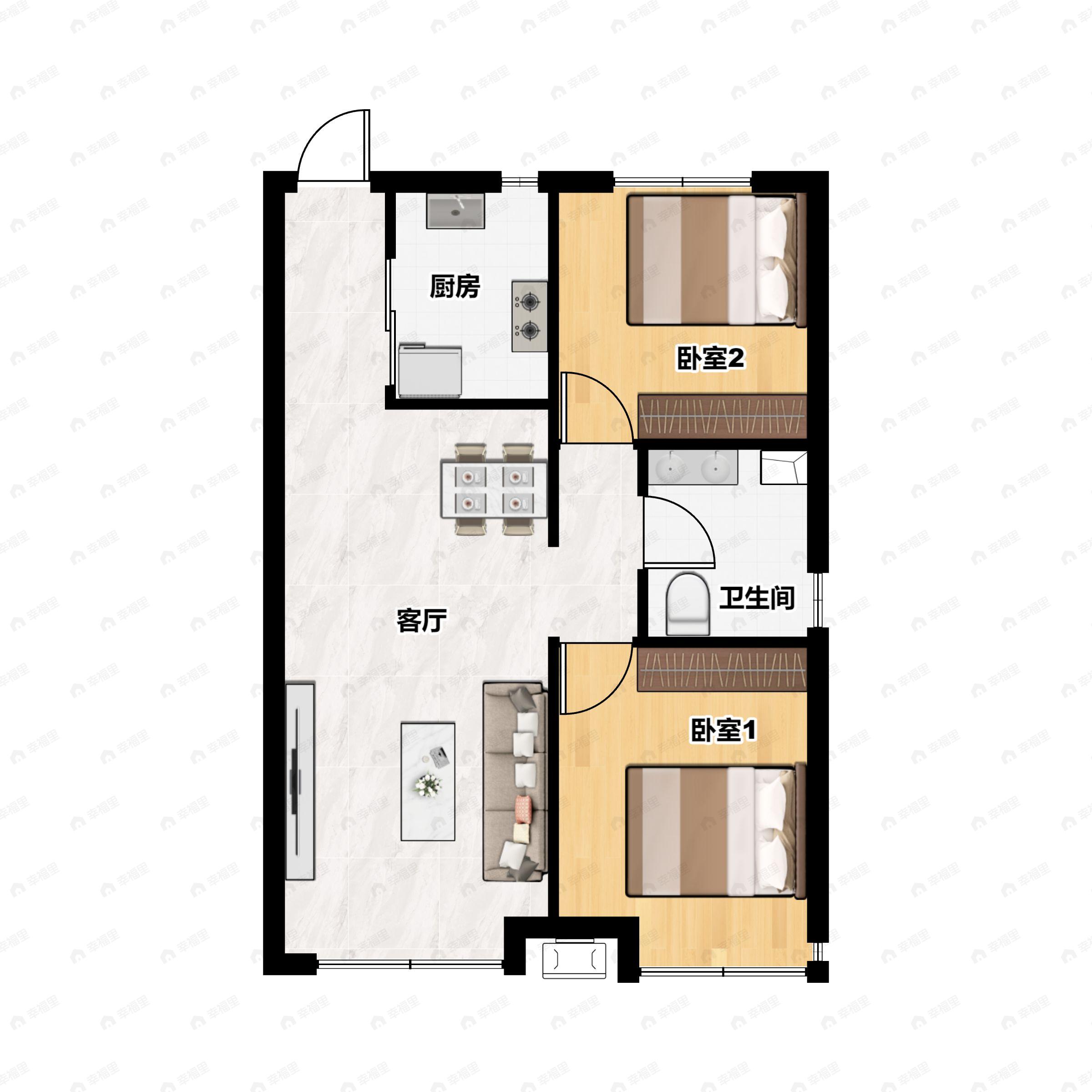 2室2厅1卫建面93m²南|北户型图