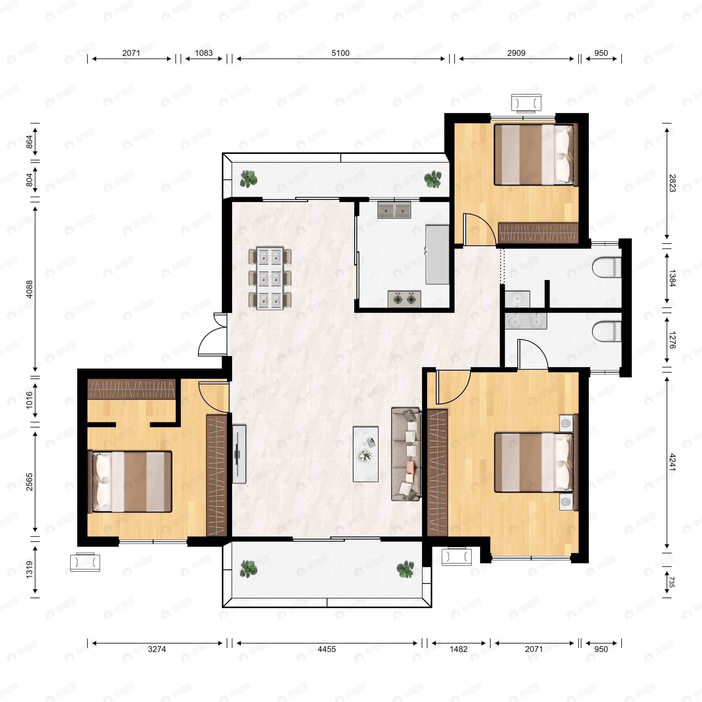 3室2厅2卫建面135m²南户型图