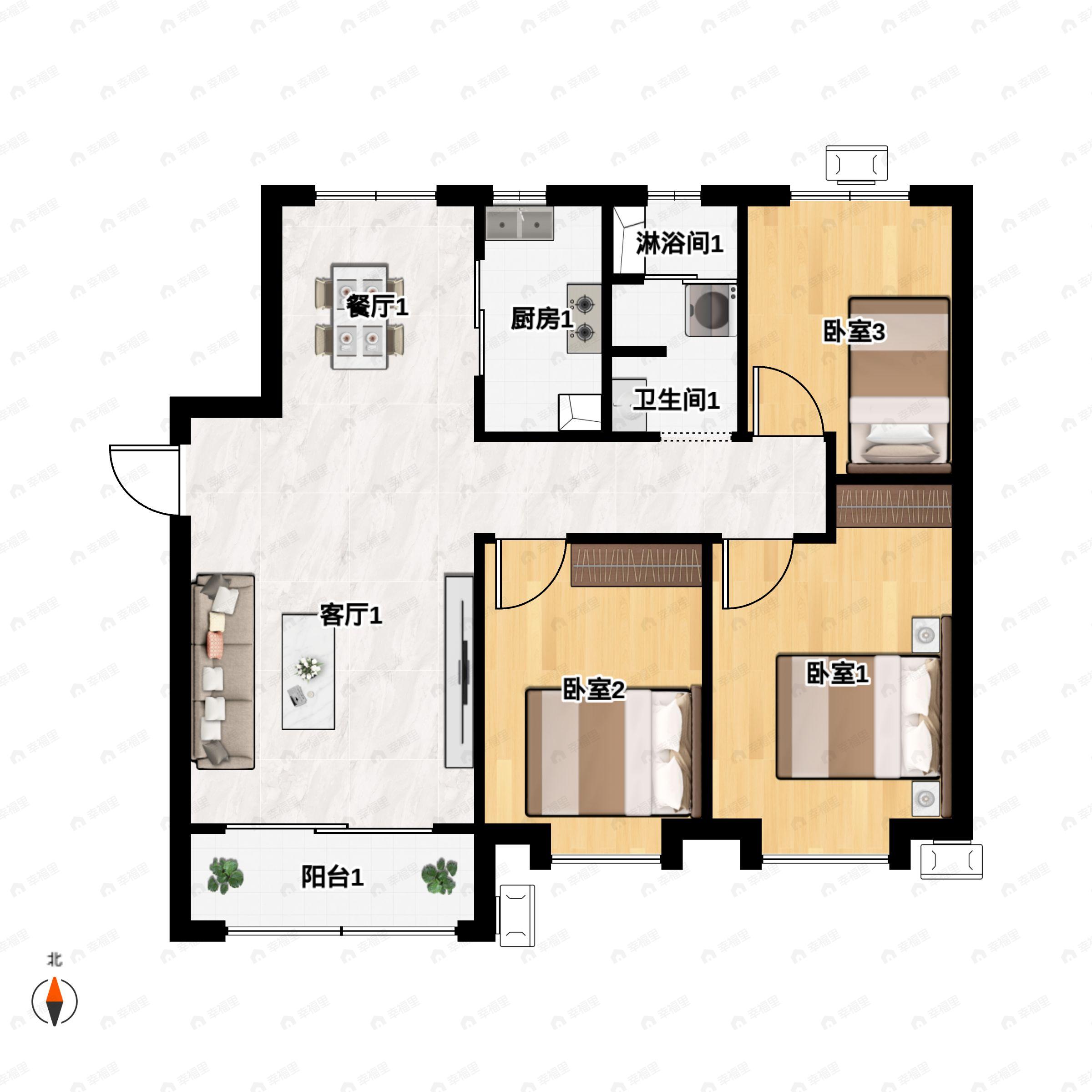 3室2厅1卫建面110m²南|北户型图