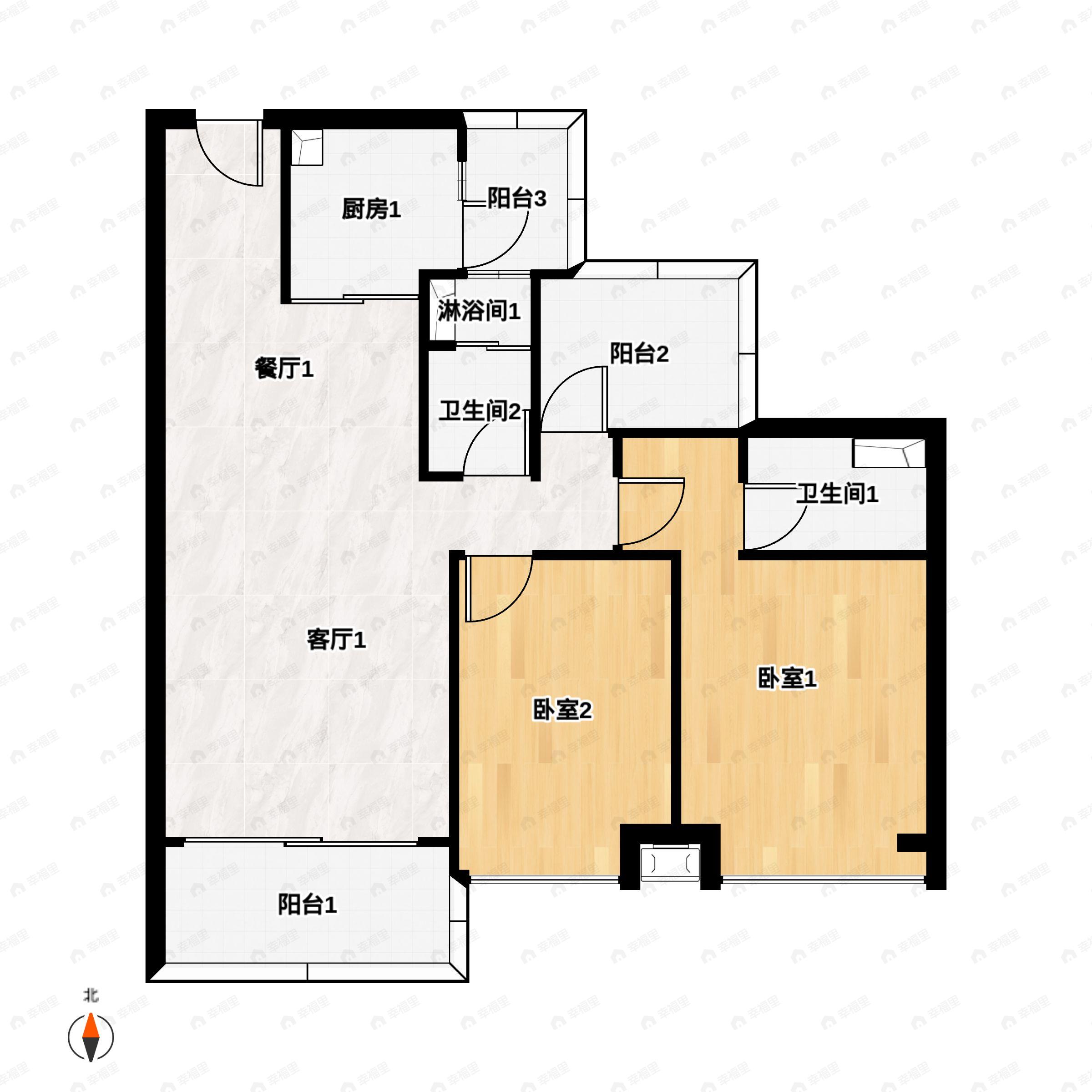 2室2厅2卫建面106m²南|北户型图