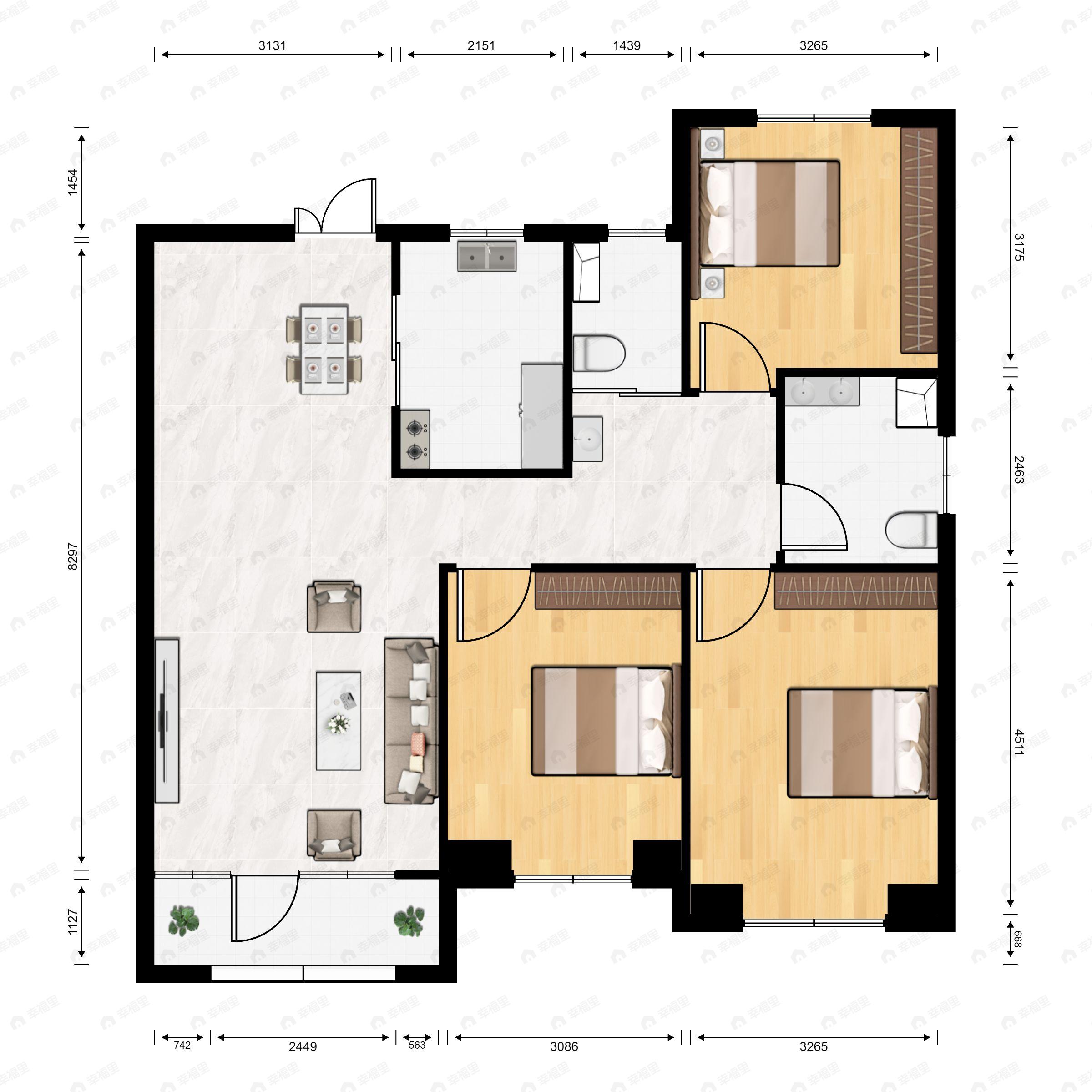 3室2厅2卫建面126平南|北户型图