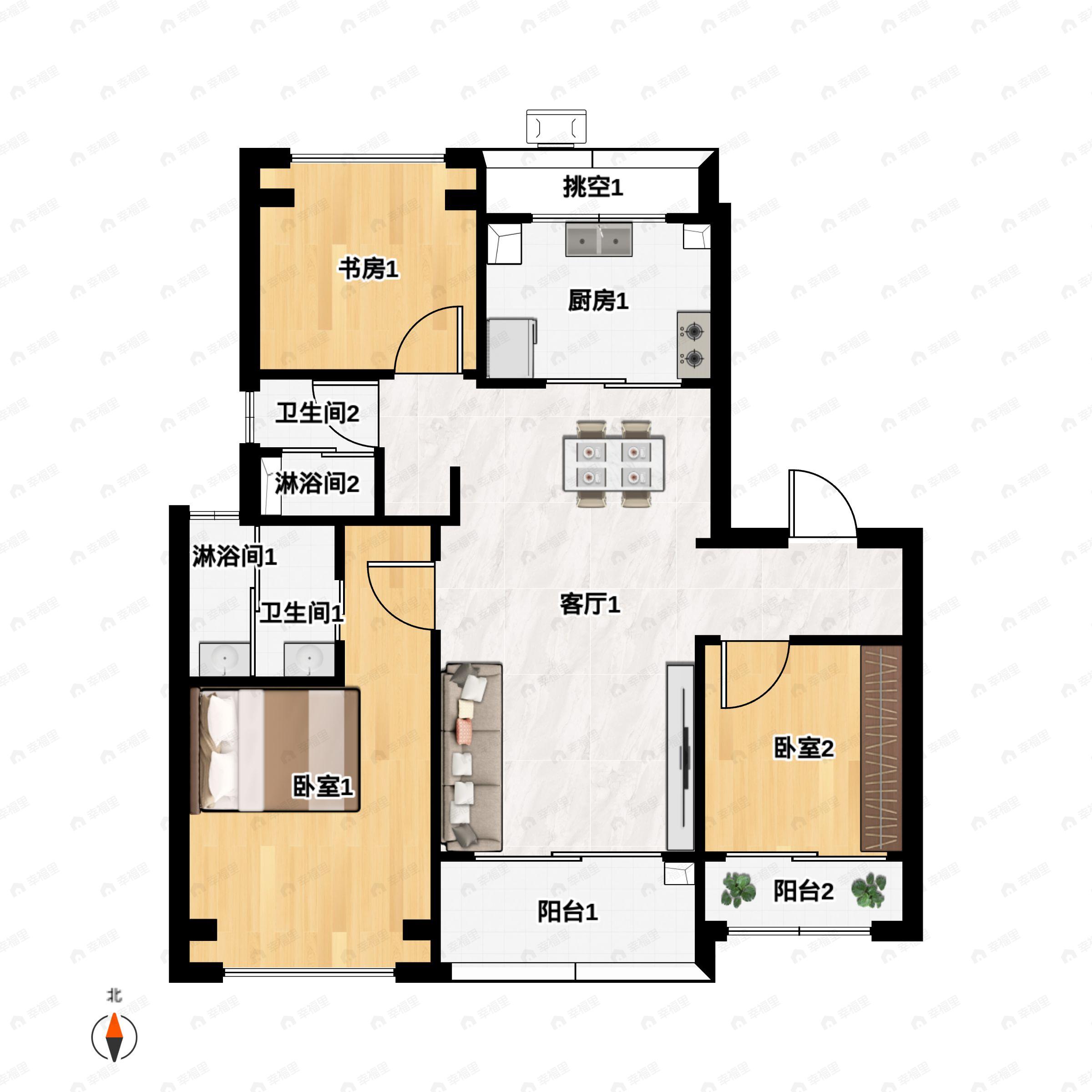 3室2厅2卫建面99m²南户型图