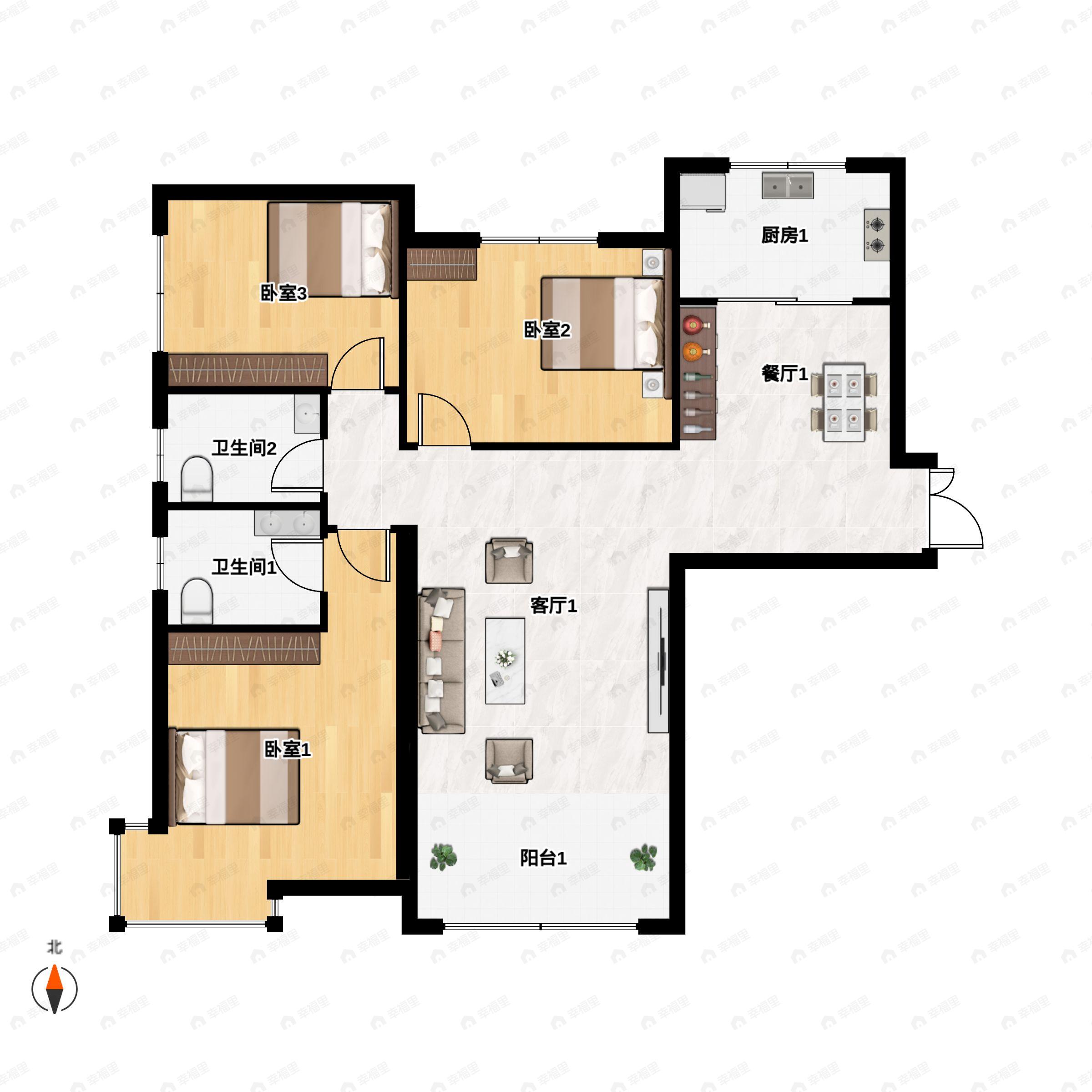 3室2厅2卫建面142平南|北户型图