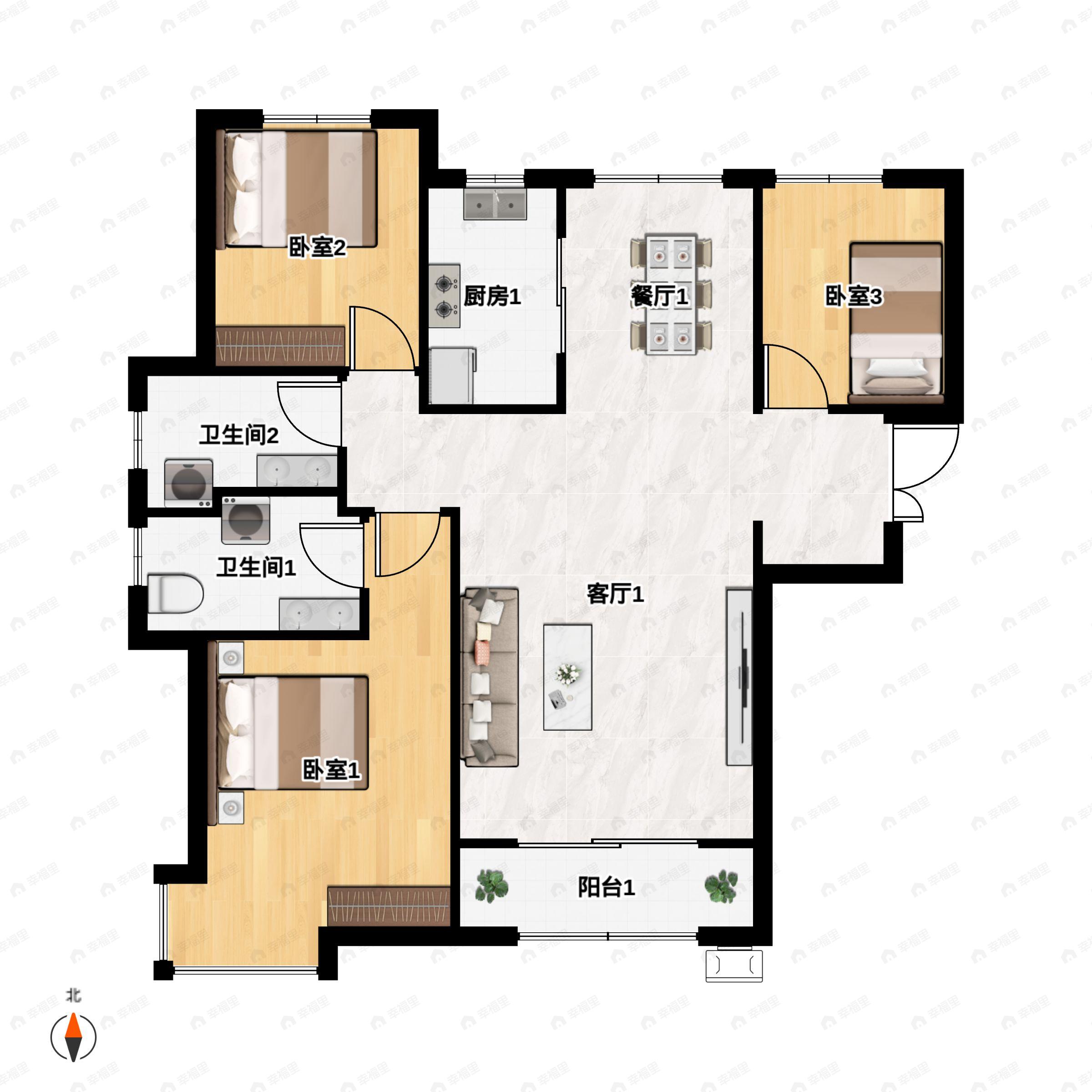 3室2厅2卫建面127m²南|北户型图