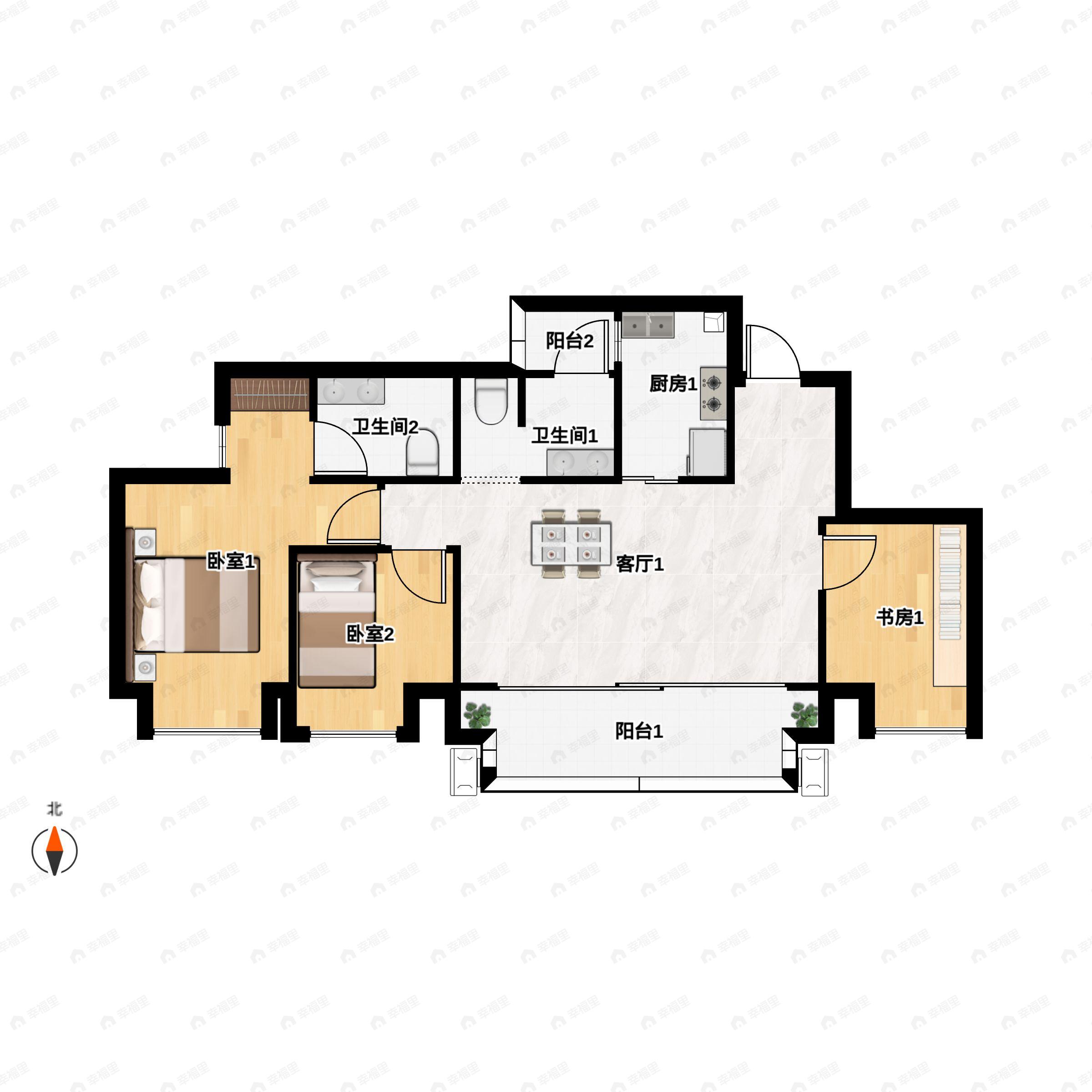 3室2厅2卫建面79平南|东|西|北户型图