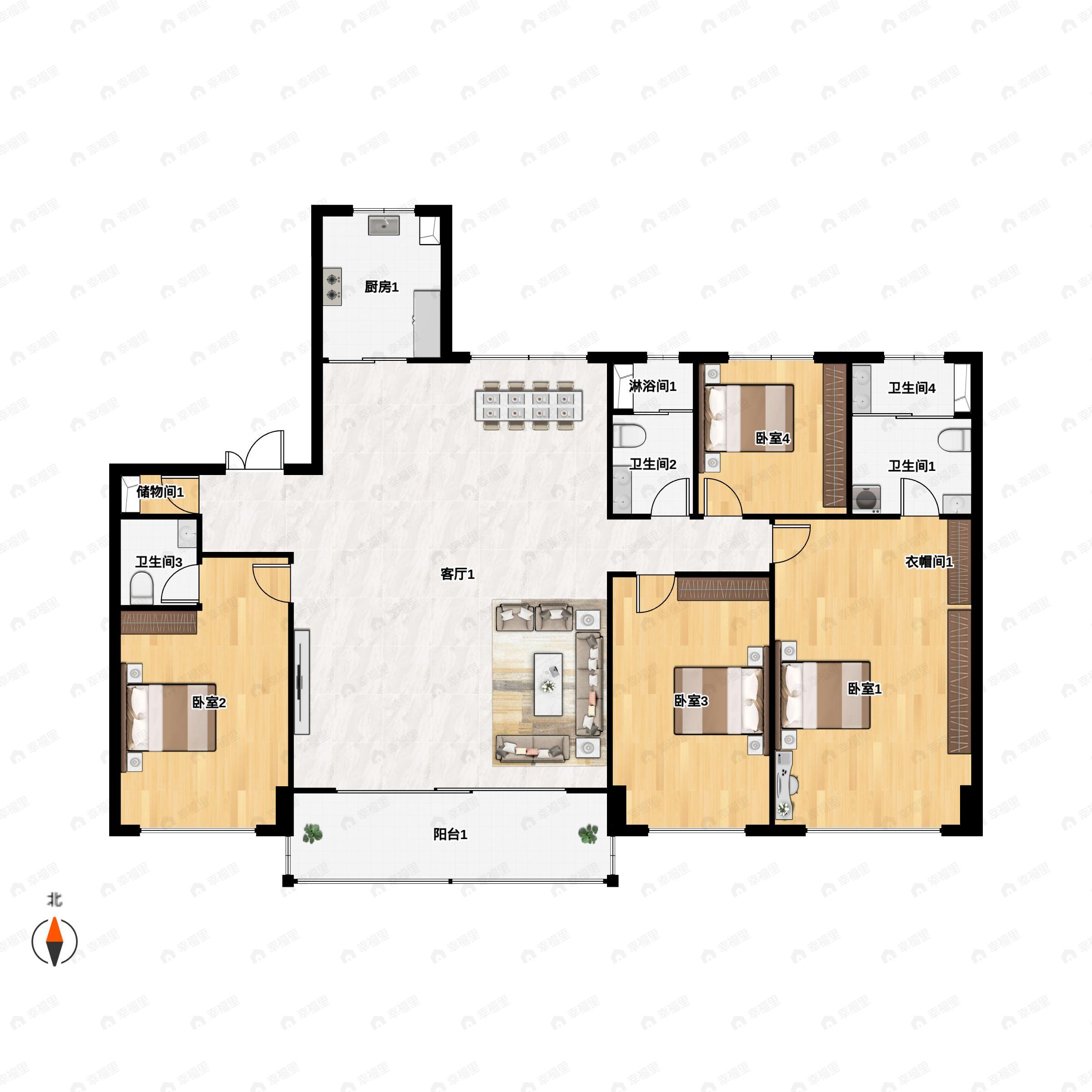 4室3厅3卫建面198平户型图