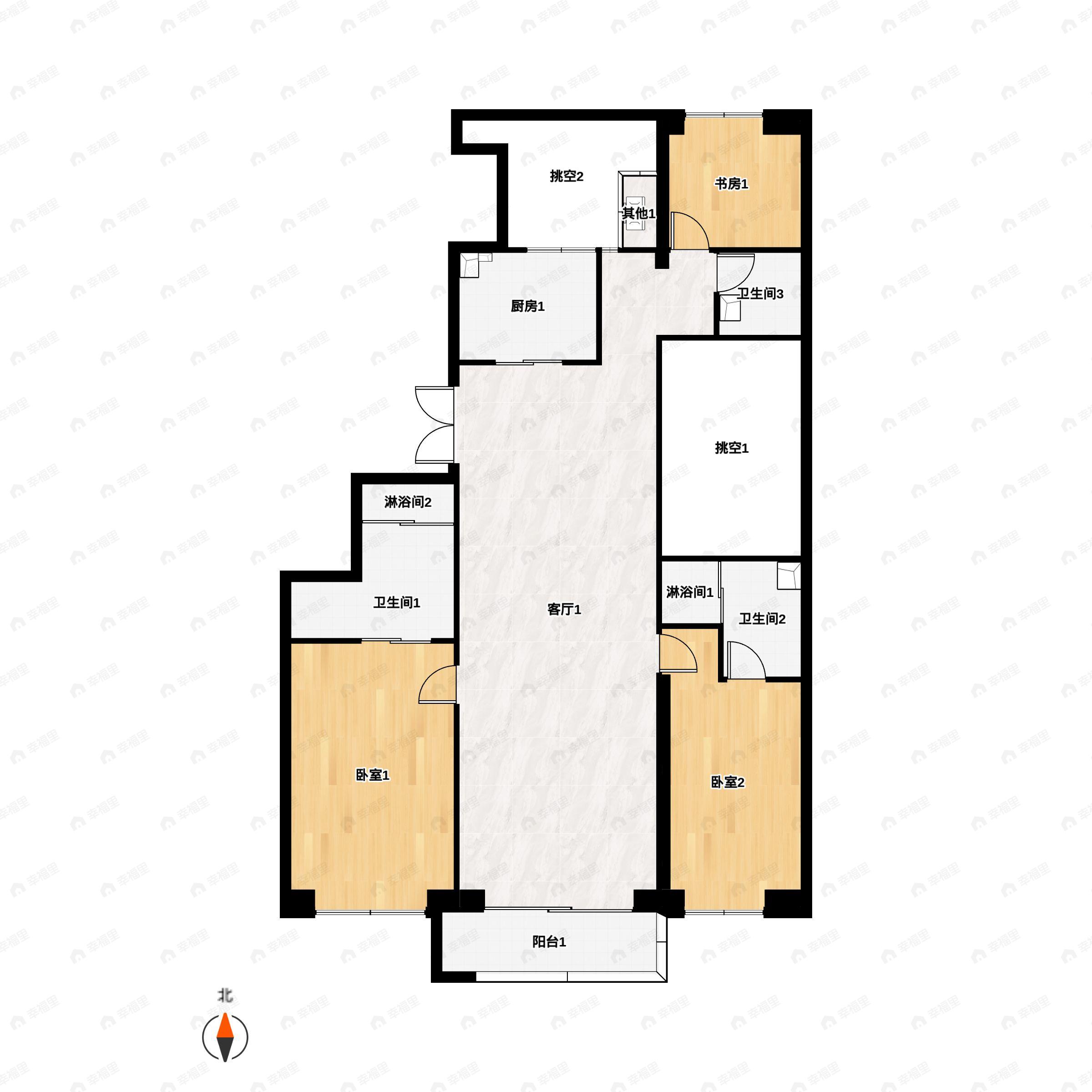 3室2厅3卫建面198m²北|南户型图