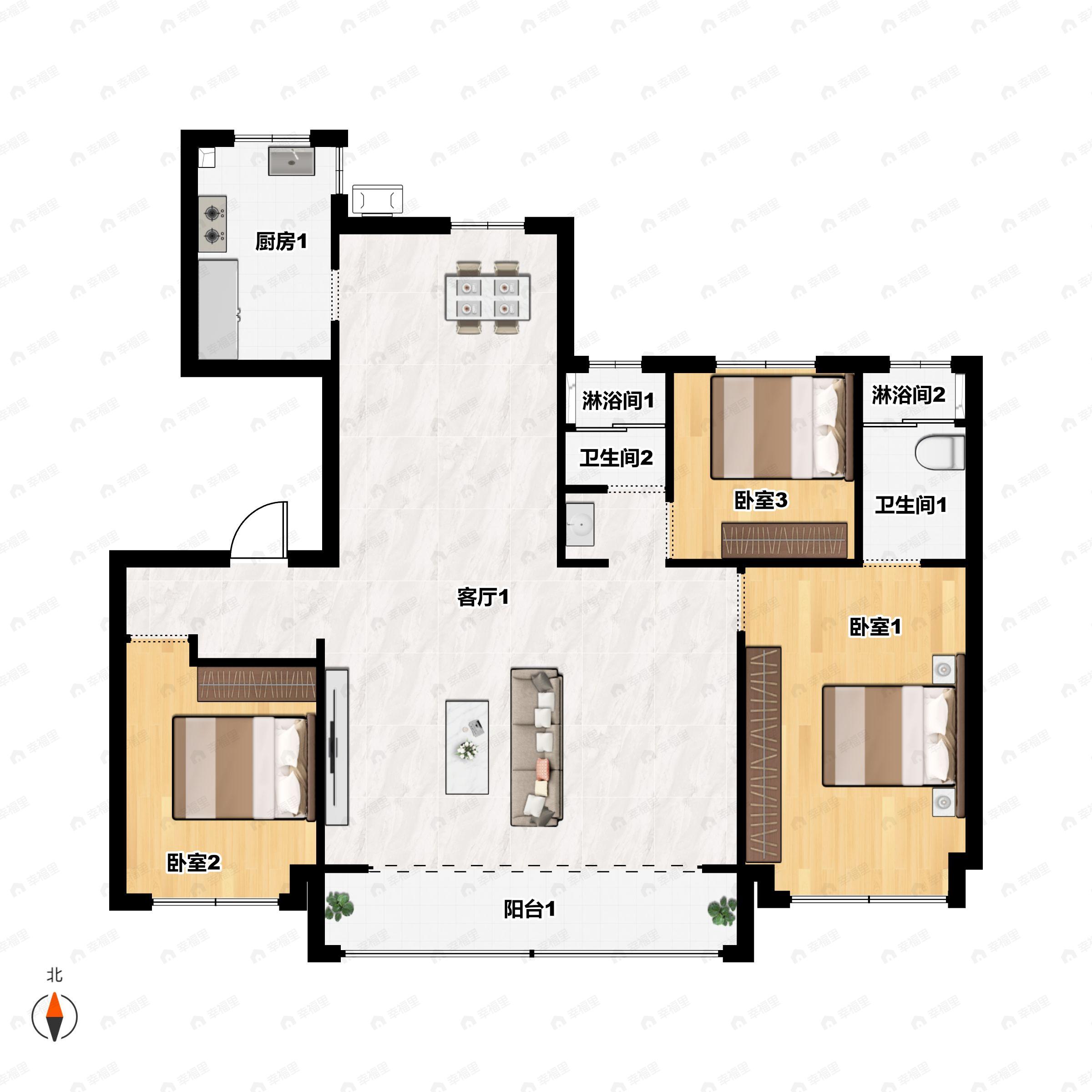 3室2厅2卫建面163m²南户型图