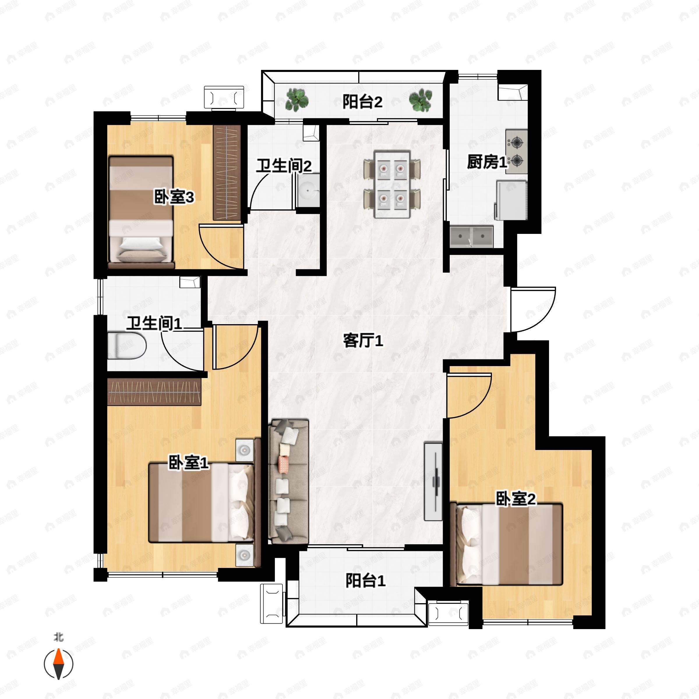 3室2厅2卫建面114m²南户型图