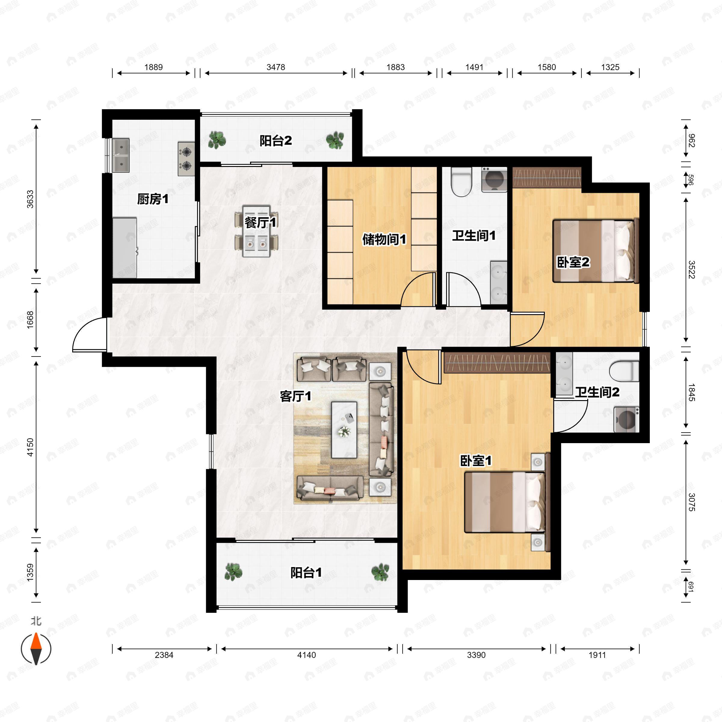 3室2厅2卫建面127m²南户型图