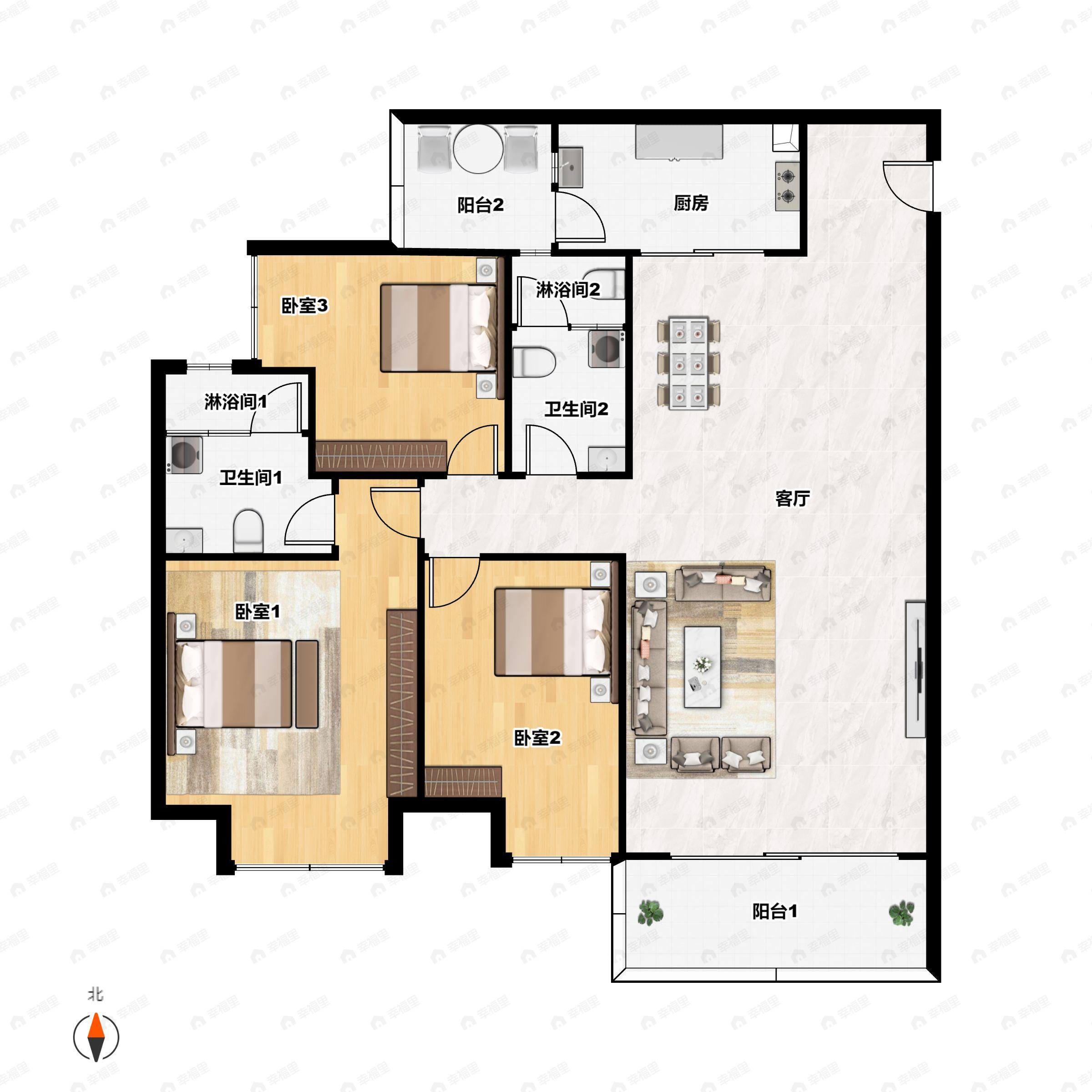 3室2厅2卫建面106平户型图