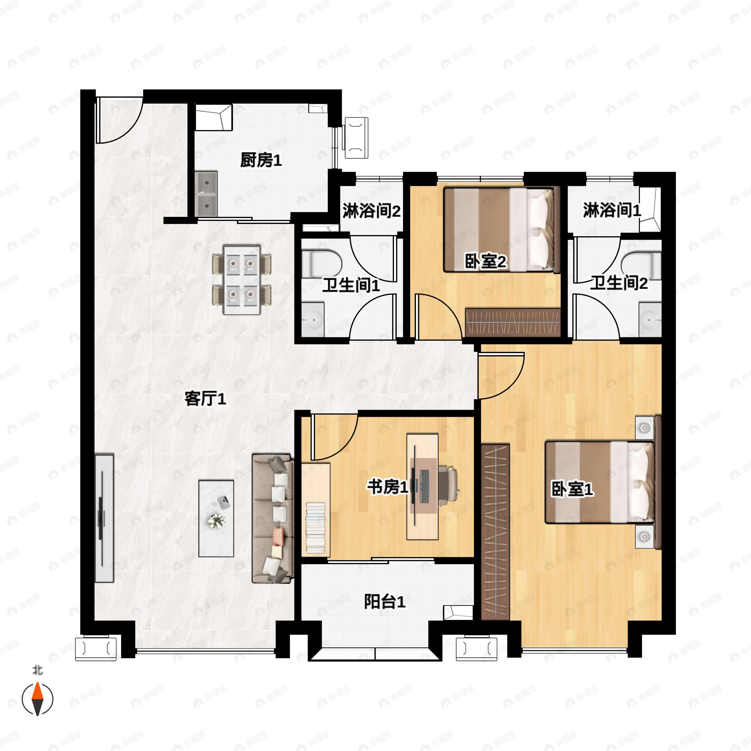 3室2厅2卫建面102m²南户型图