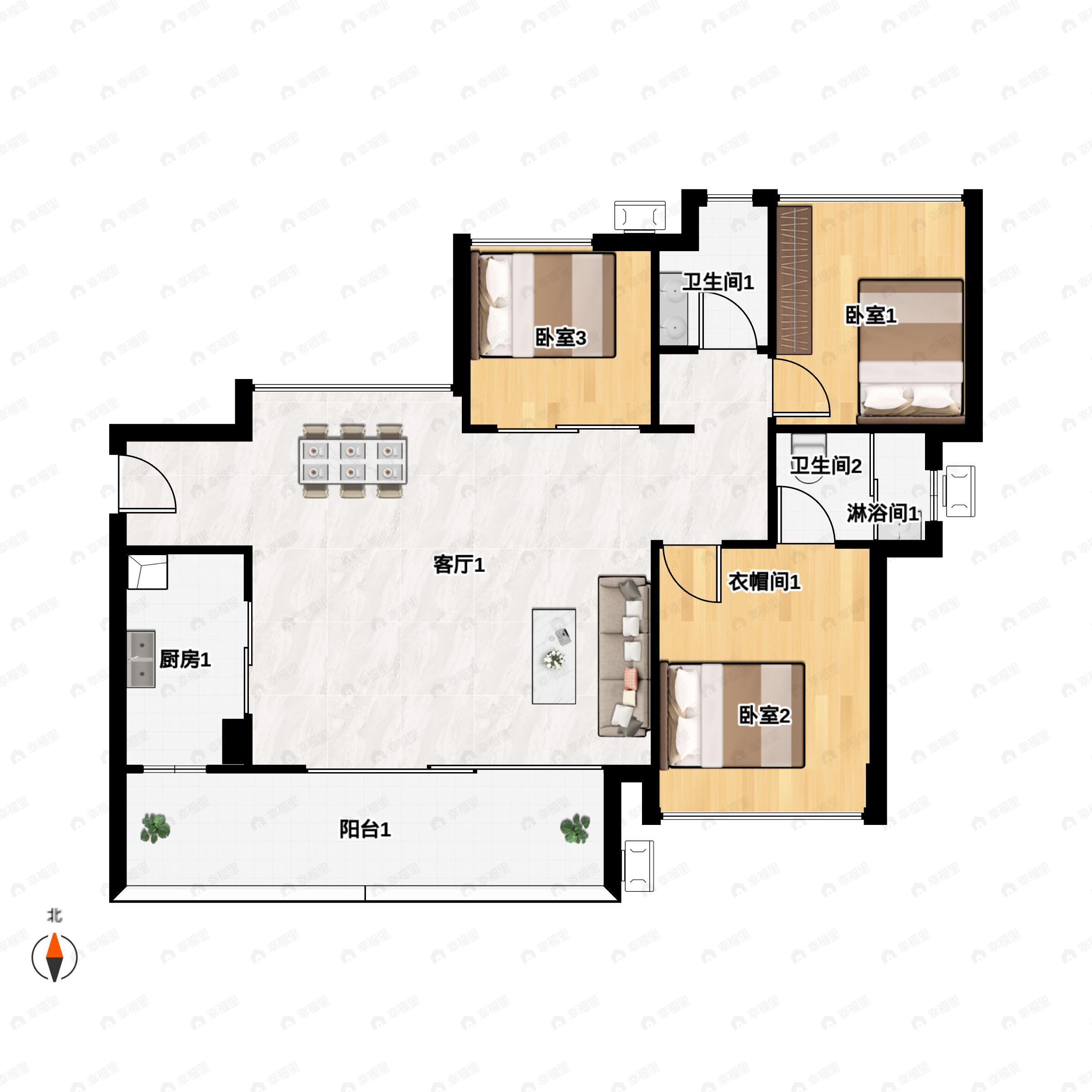 3室2厅2卫建面96平户型图