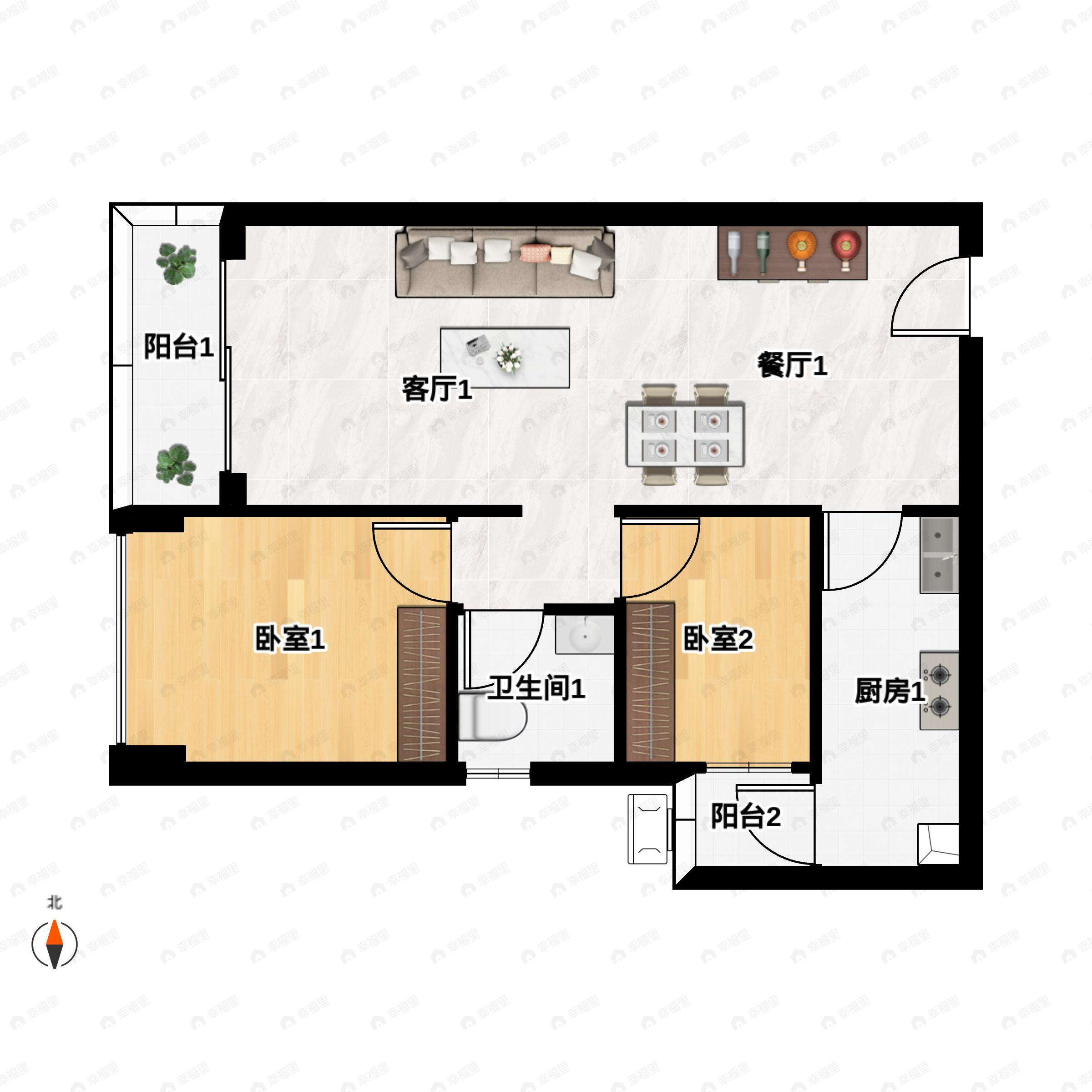 2室2厅1卫建面77平西户型图