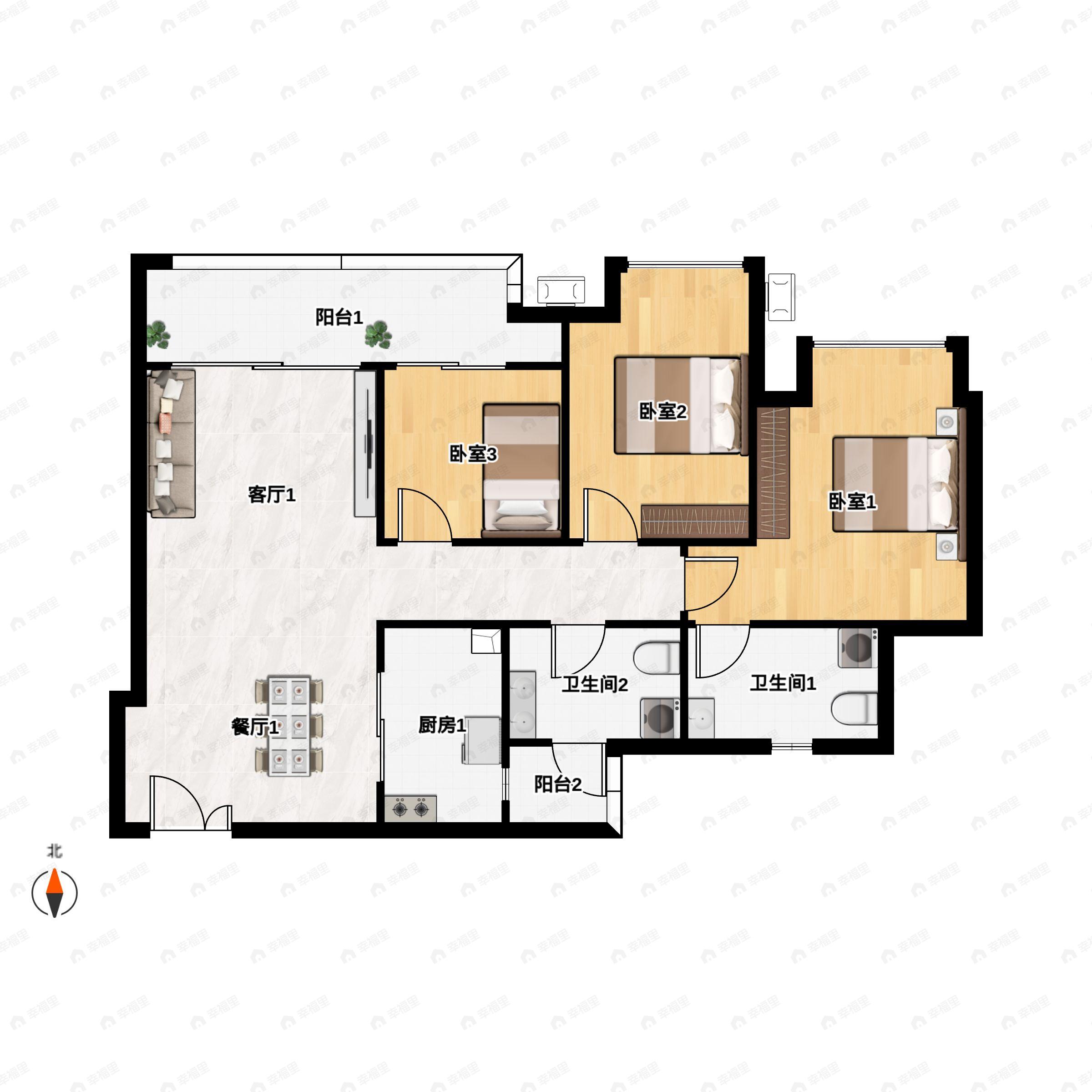 3室2厅2卫建面90m²北户型图