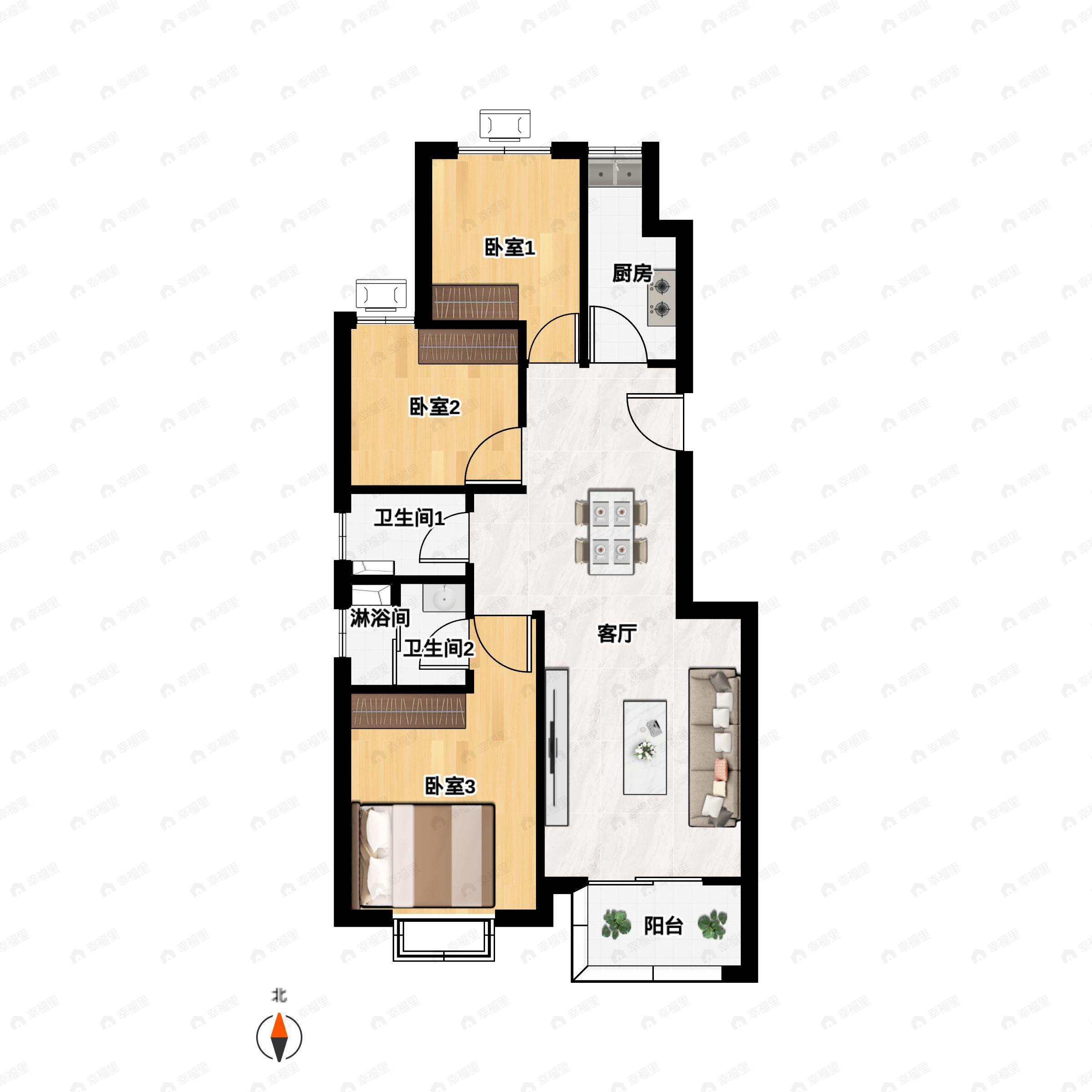 3室2厅2卫建面119平南户型图