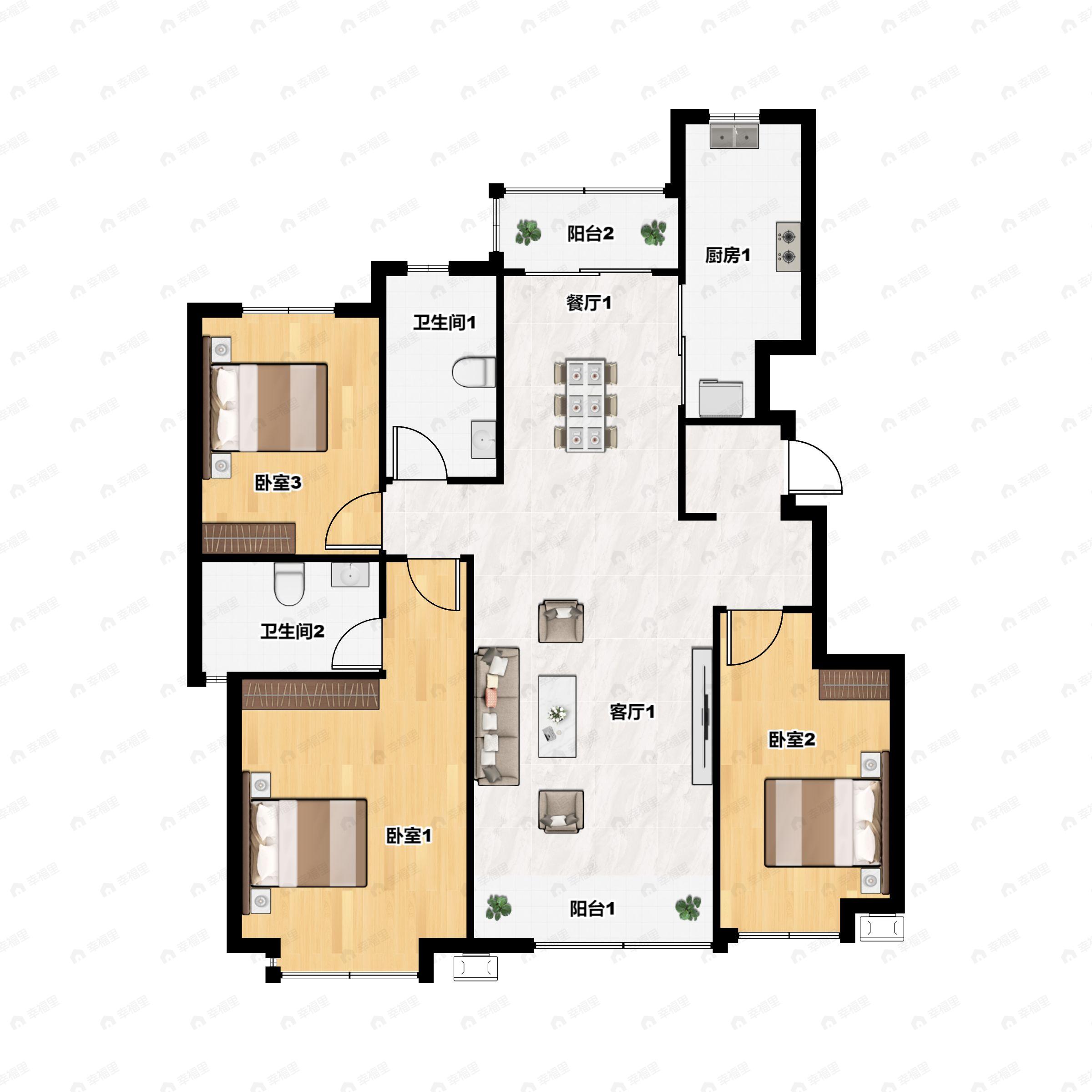 3室2厅2卫建面117平南户型图