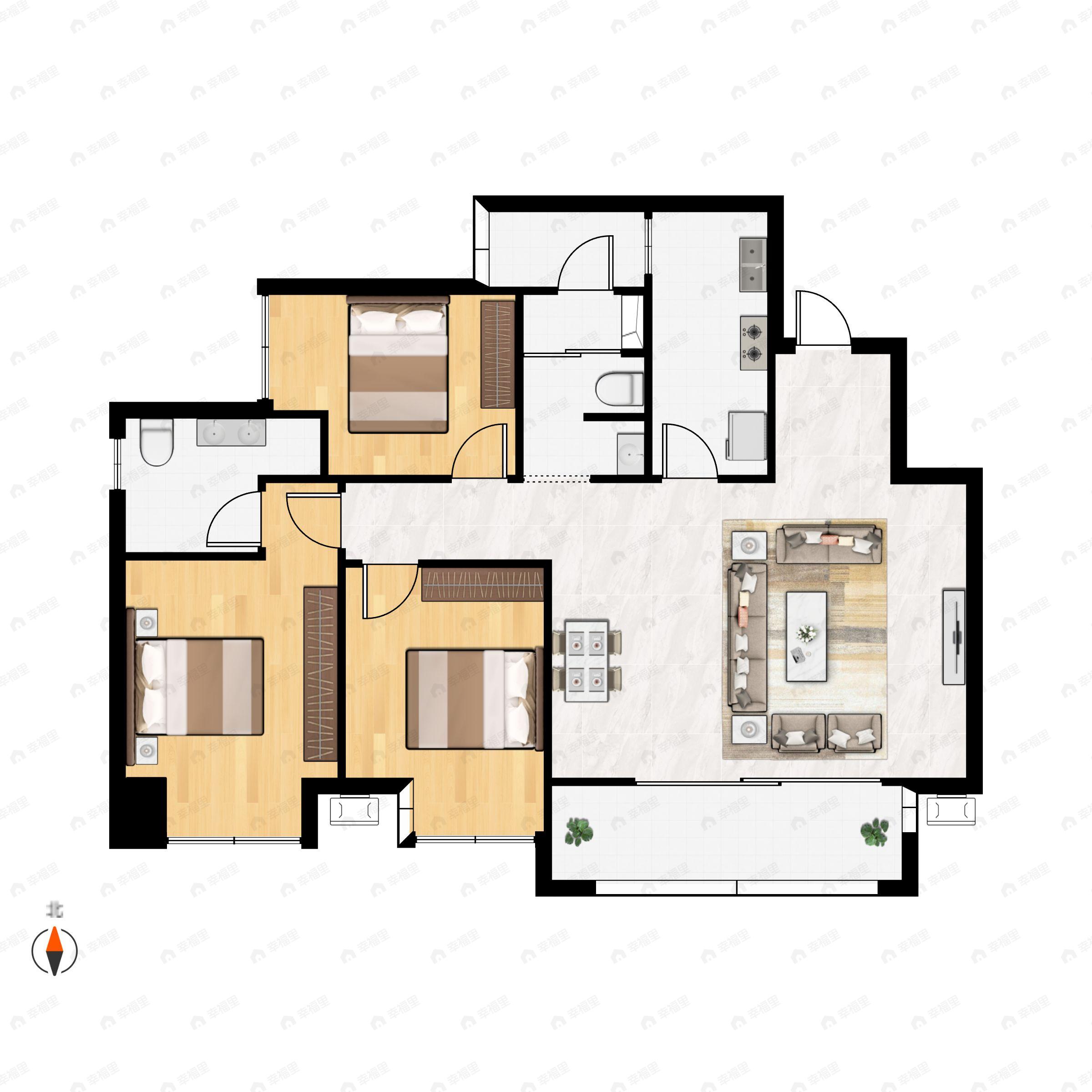 3室2厅2卫建面99m²北户型图