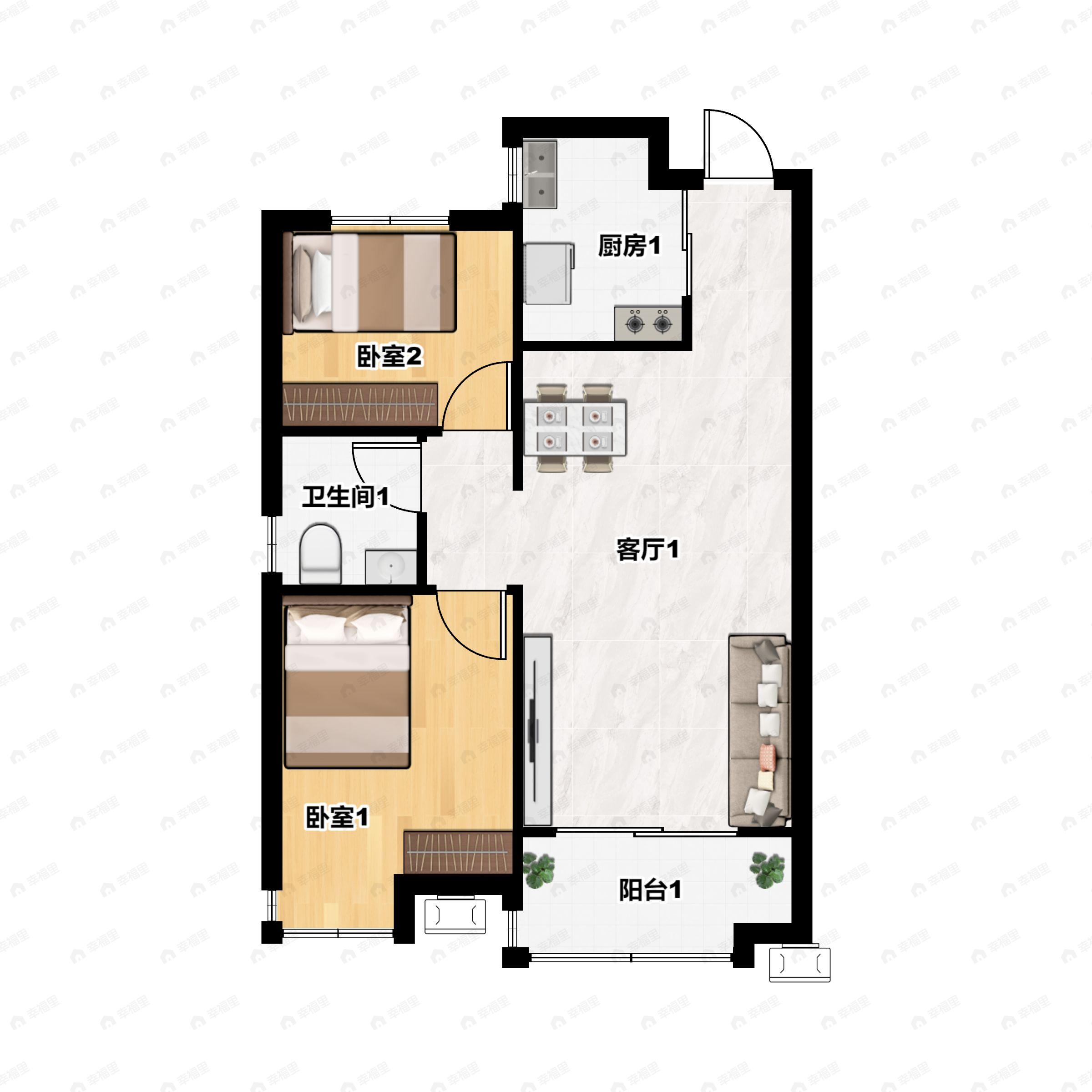 2室2厅1卫建面81m²北|南户型图