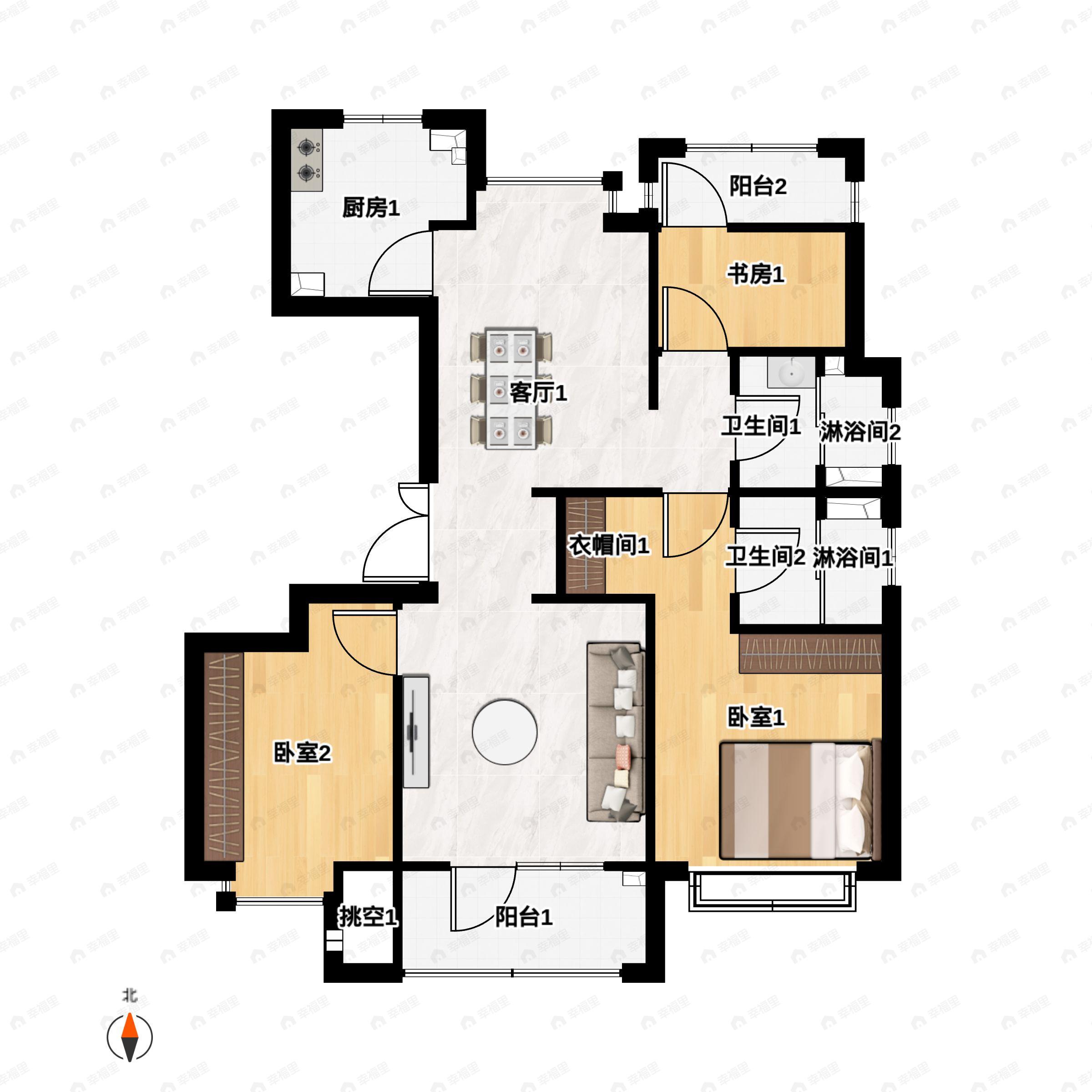 3室2厅2卫建面117m²南户型图