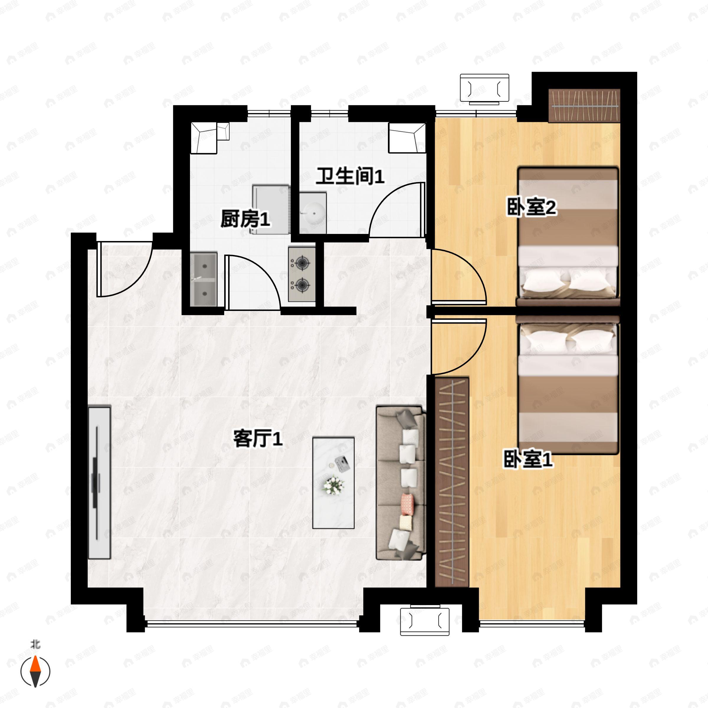 2室2厅1卫建面84平北|南户型图