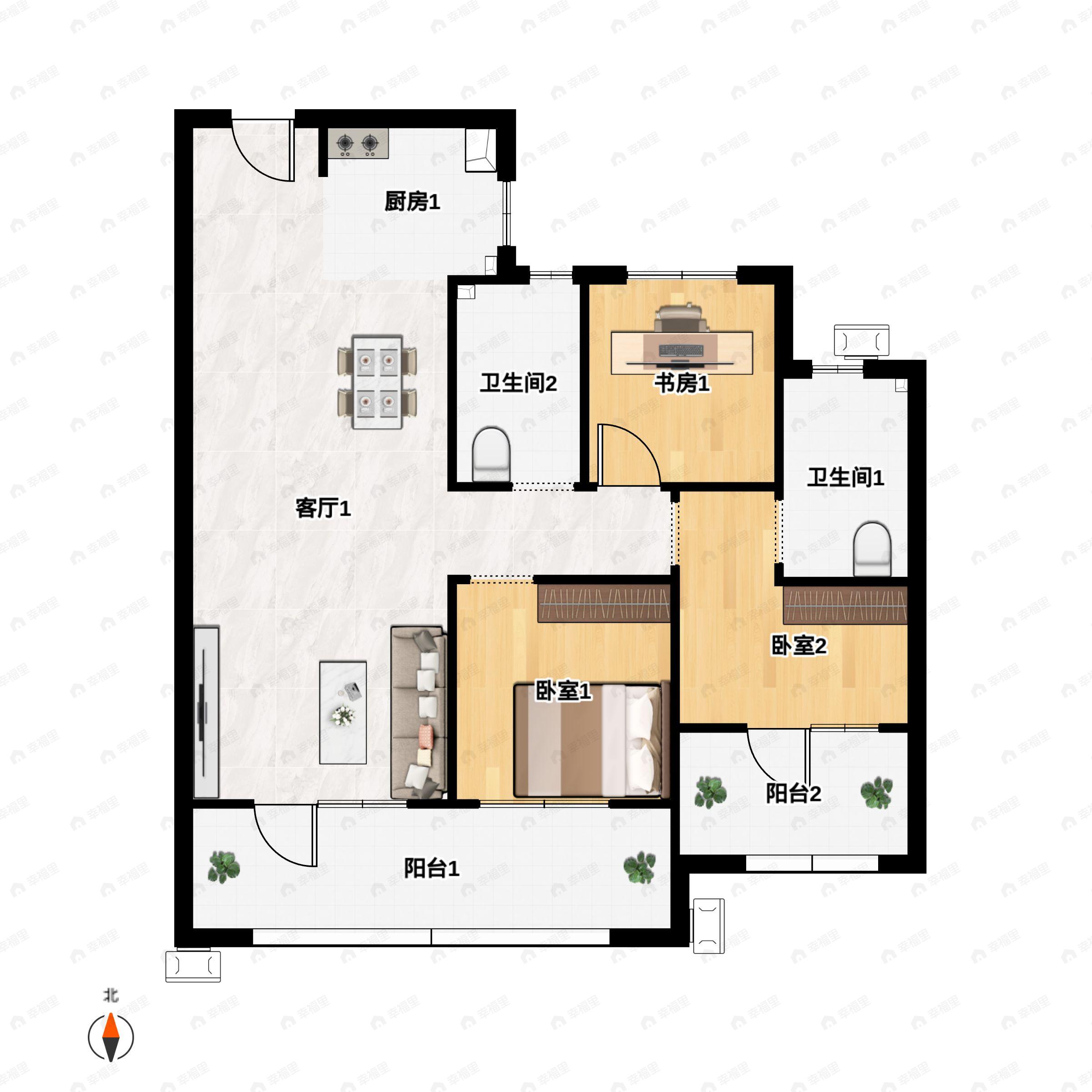 3室2厅2卫建面110m²南户型图