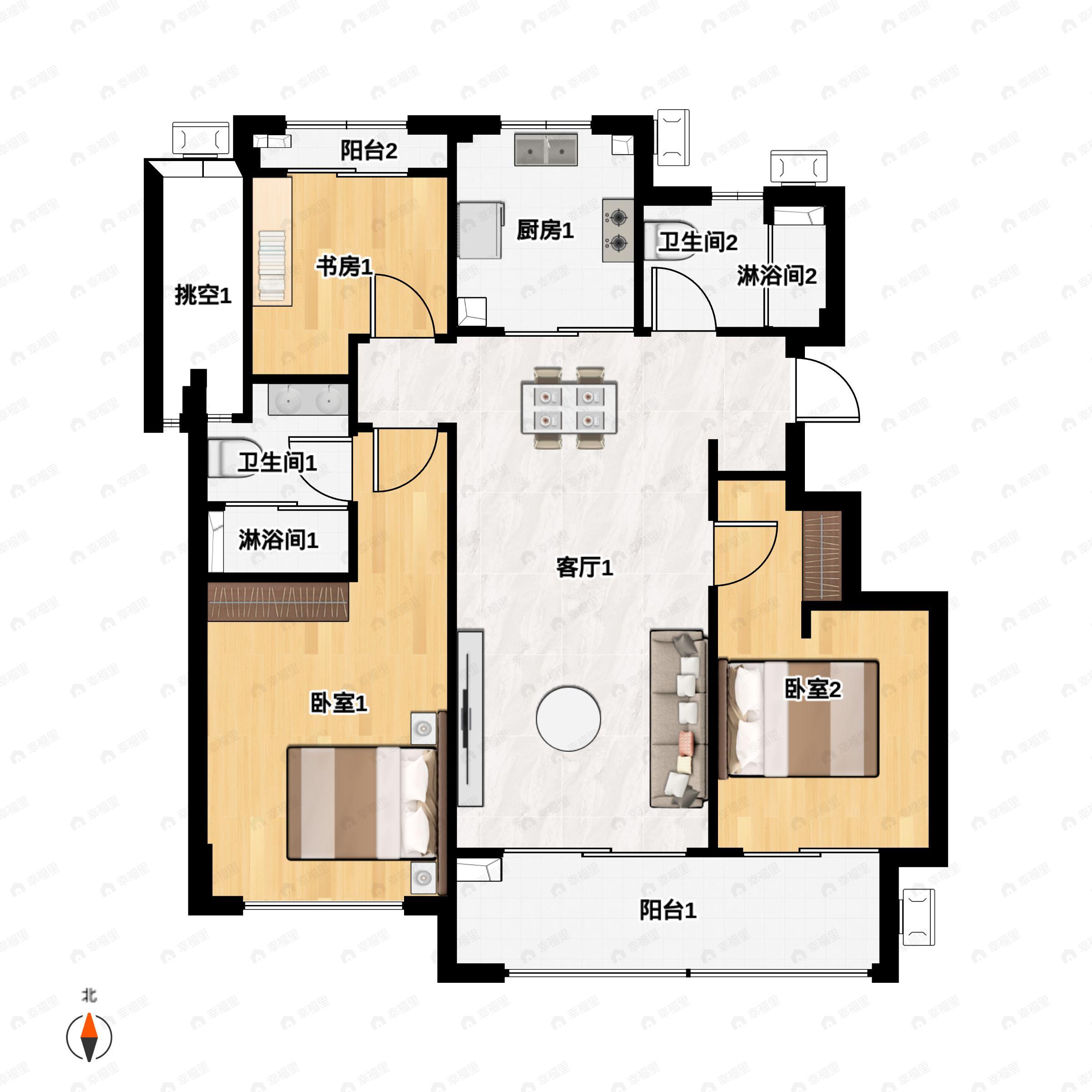 3室2厅2卫建面95平户型图
