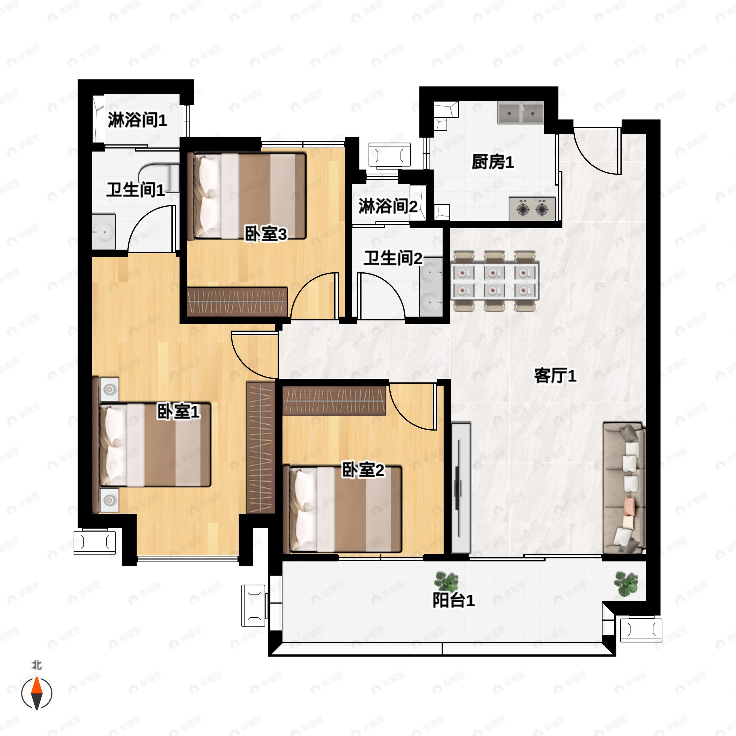 3室2厅2卫建面99平户型图