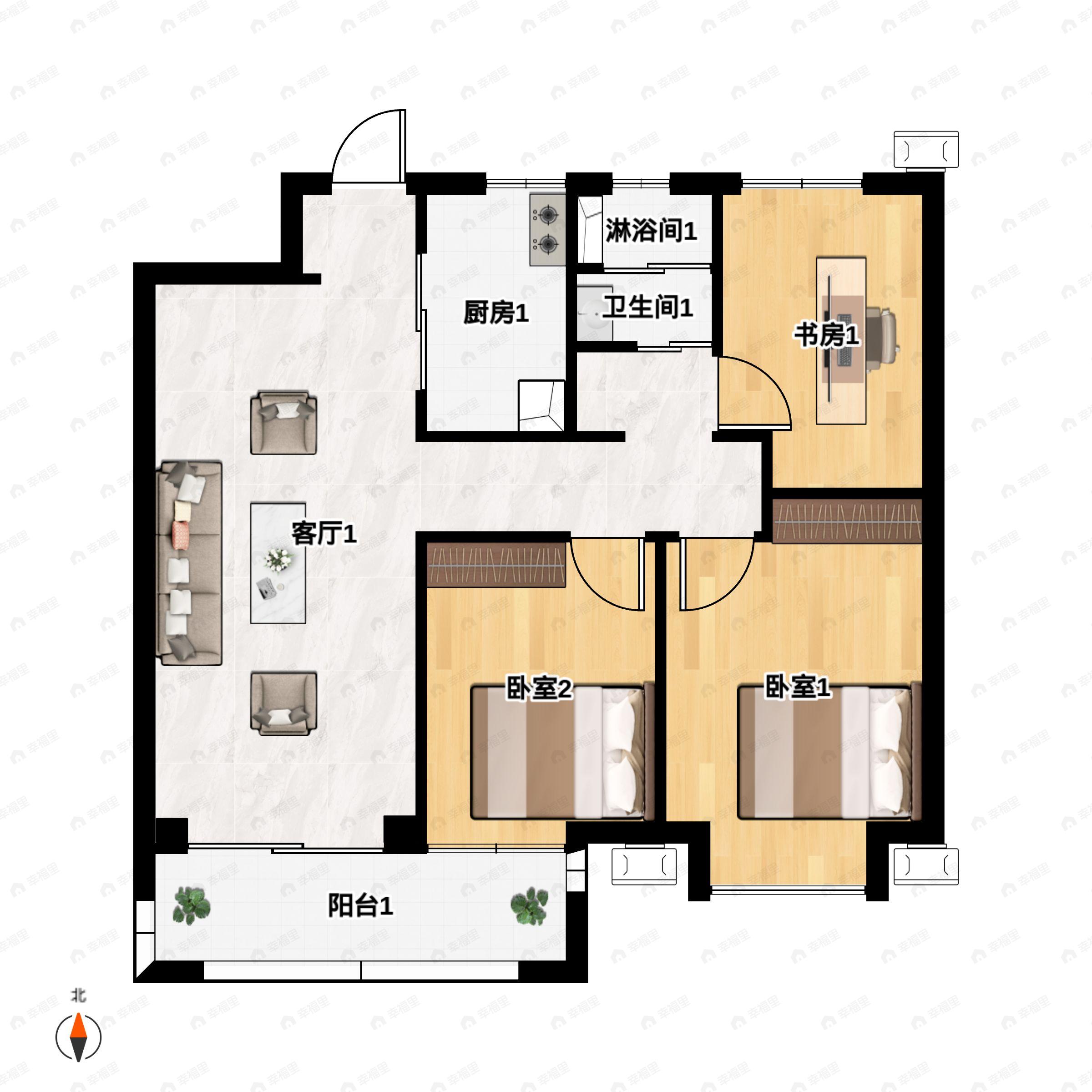 3室2厅1卫建面105m²南户型图