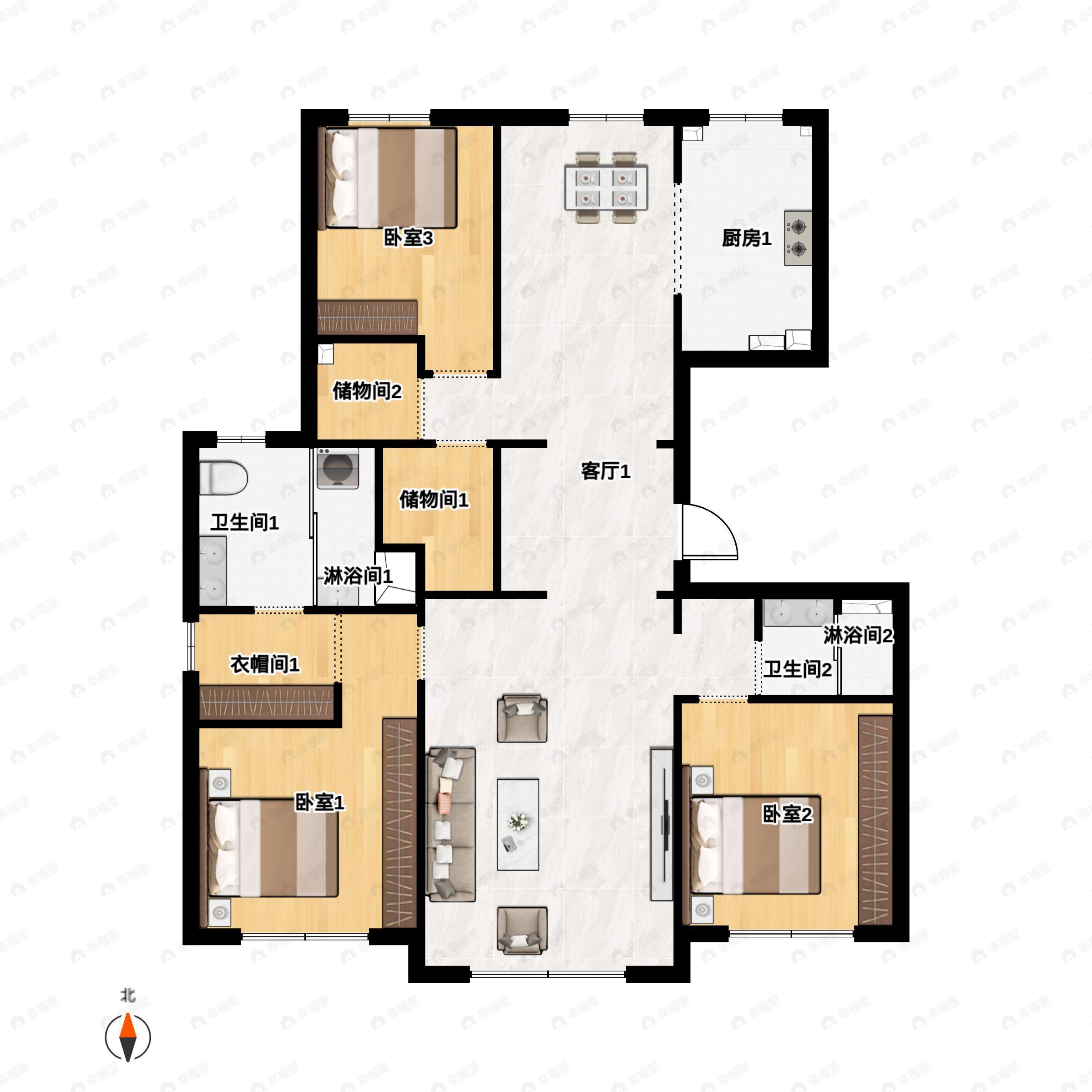 3室2厅2卫建面150m²北|南户型图
