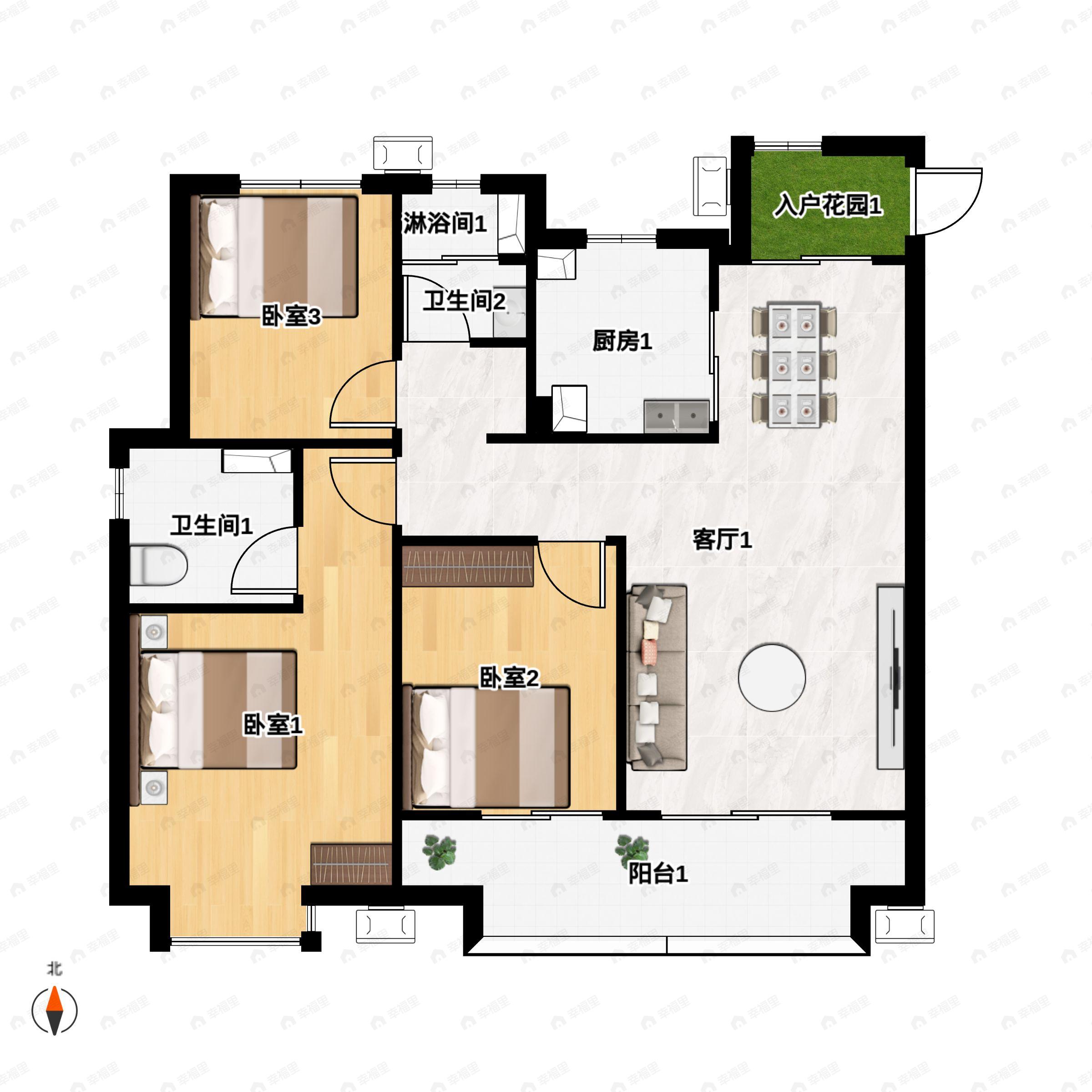 3室2厅2卫建面102平户型图