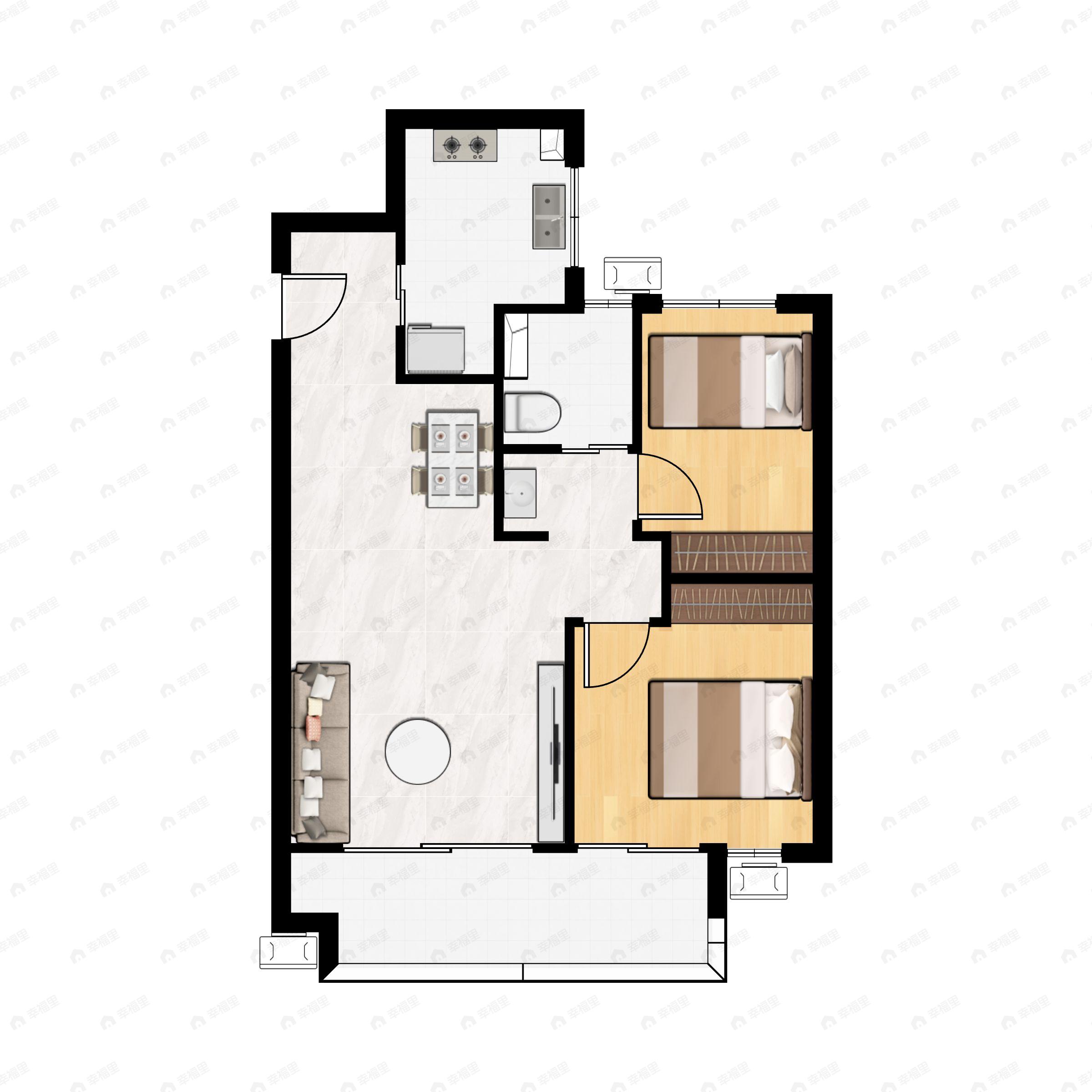 2室2厅1卫建面75m²南户型图