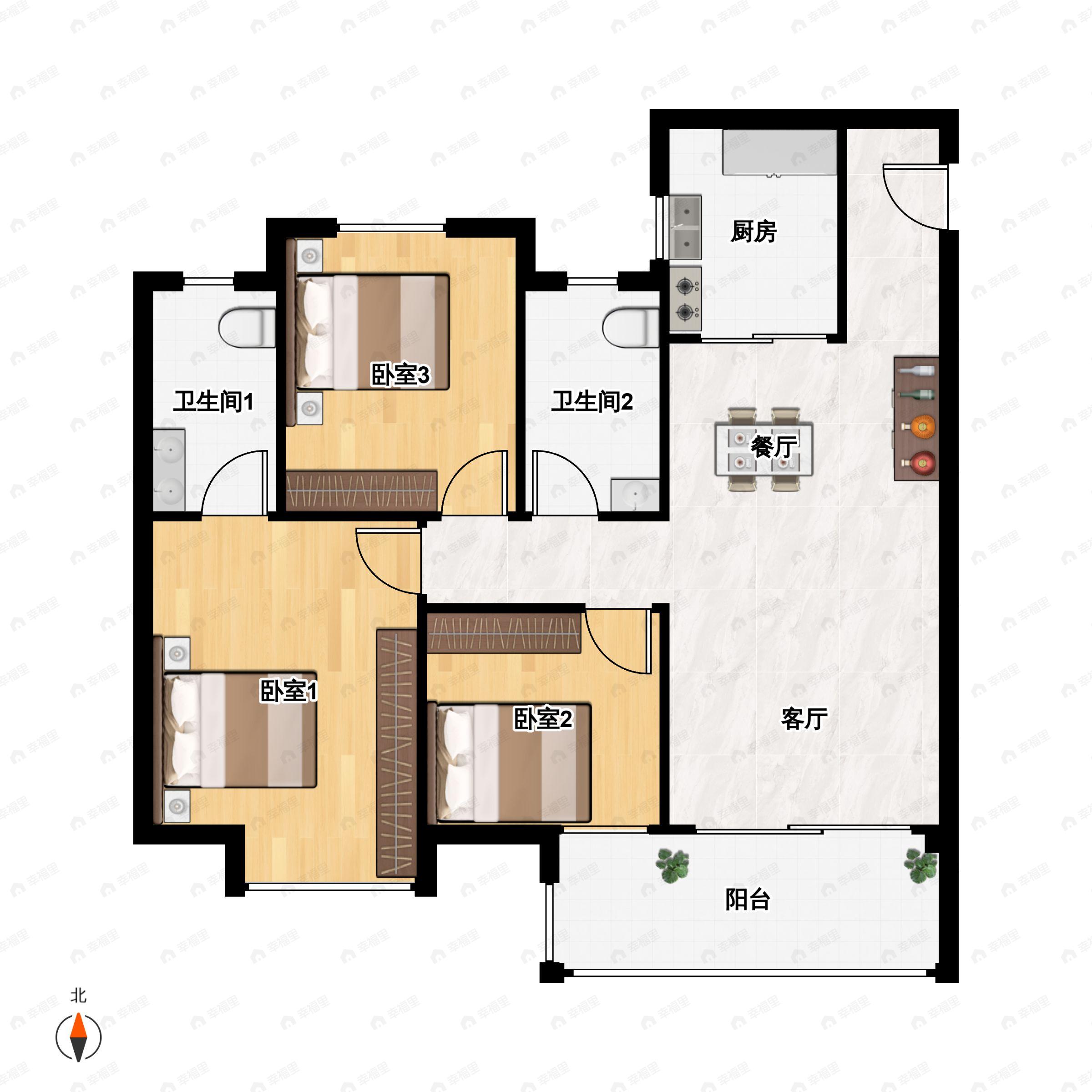 前川中梁首府3室2厅2卫户型图