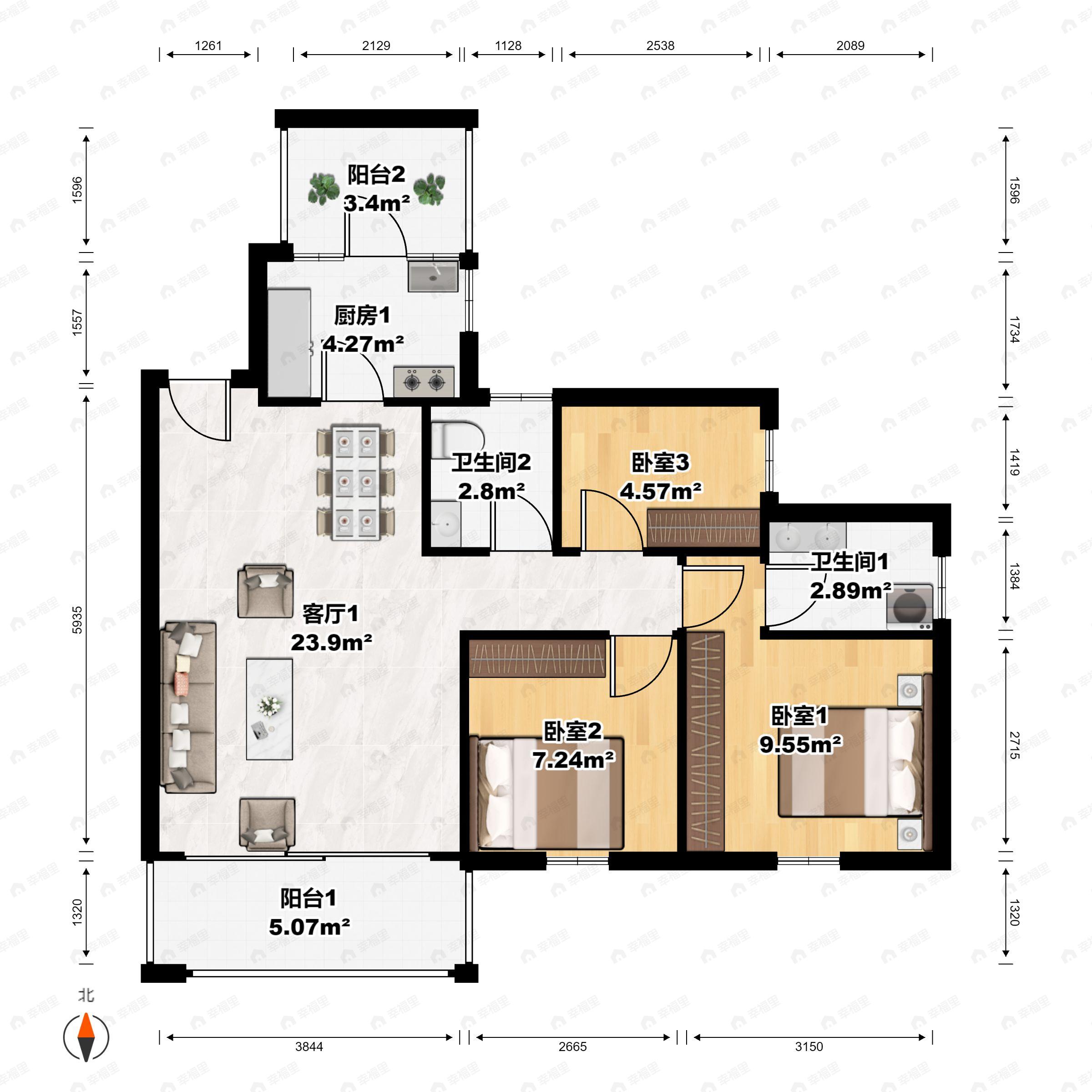 3室2厅2卫建面106m²南户型图