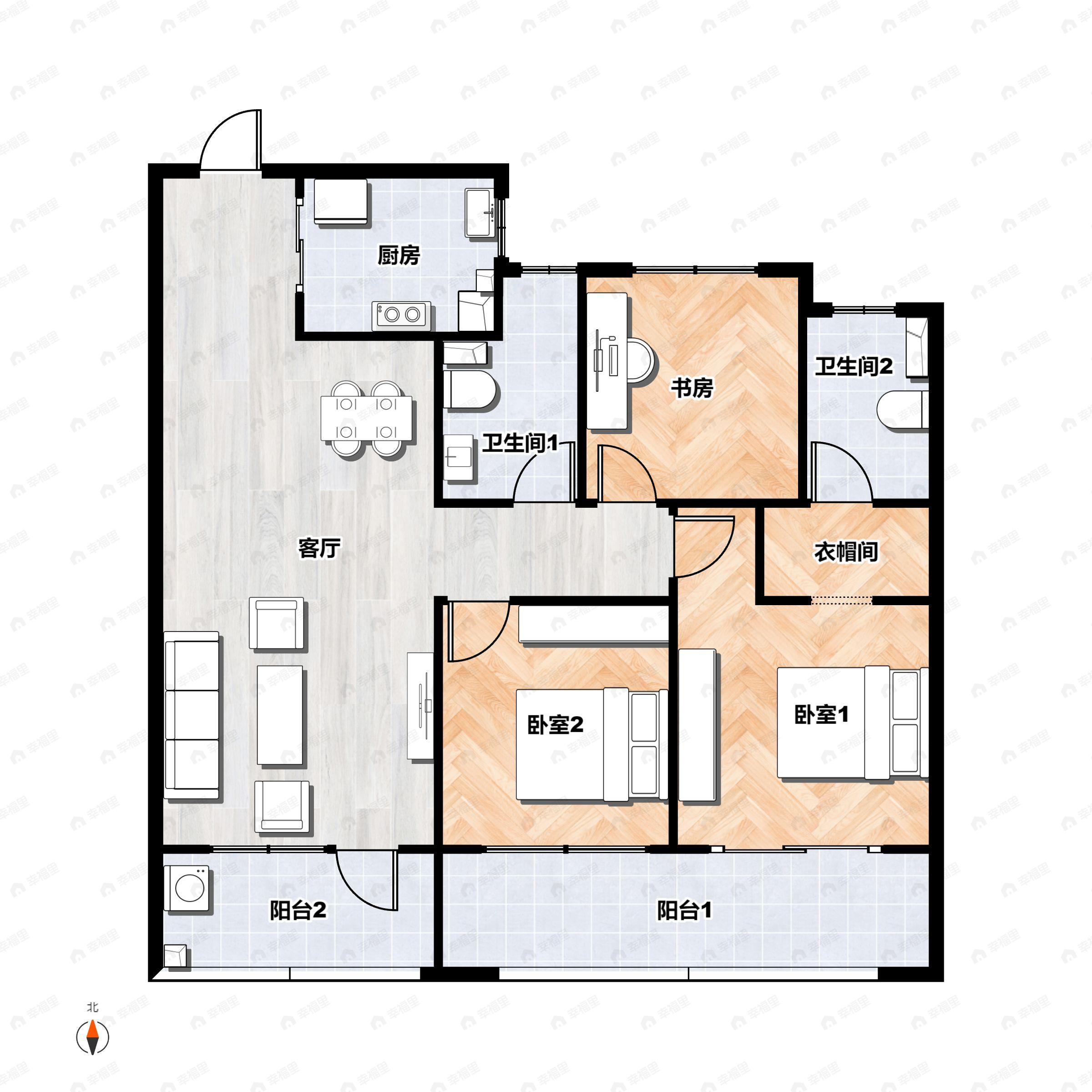 3室2厅2卫建面109平户型图