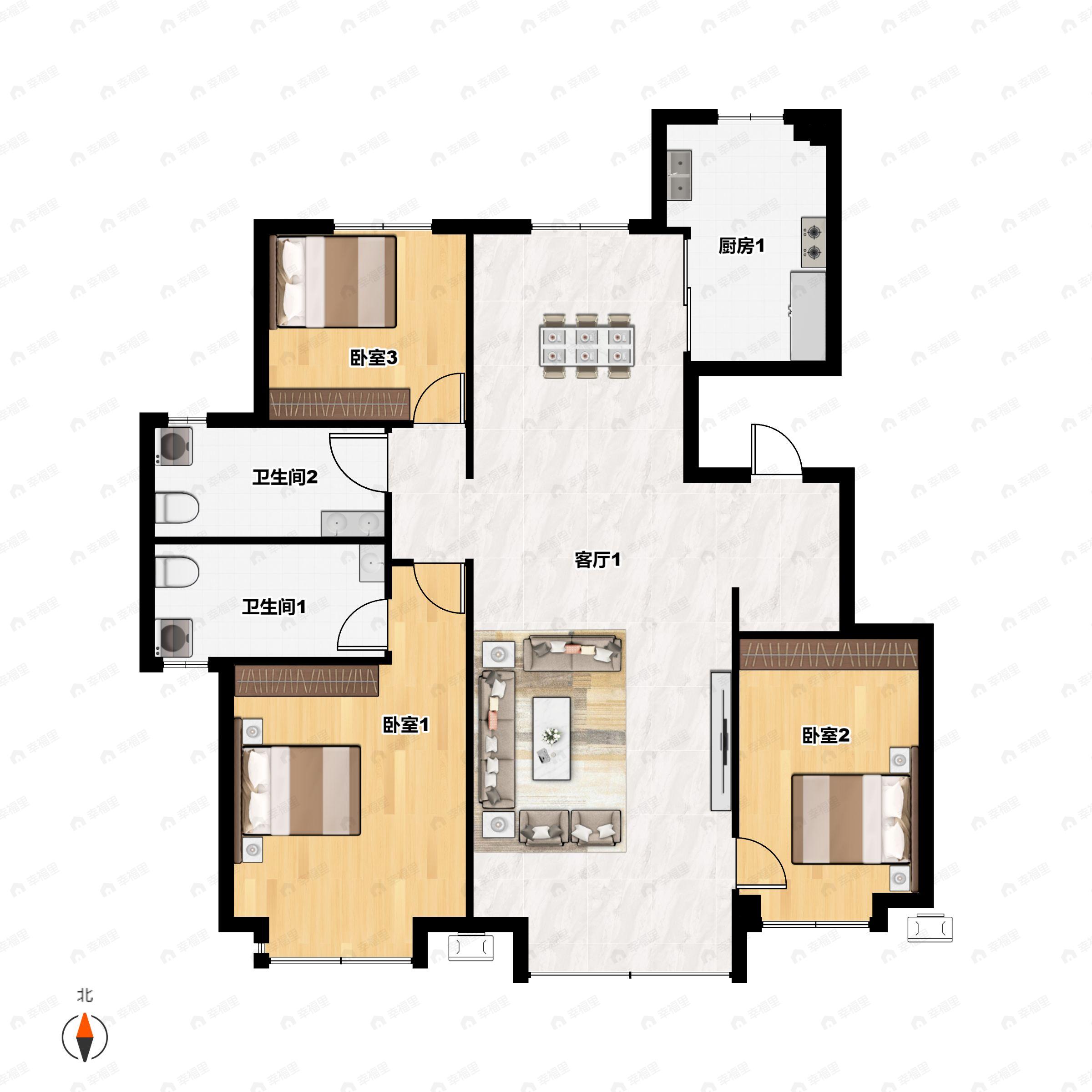 3室2厅2卫建面122平南户型图