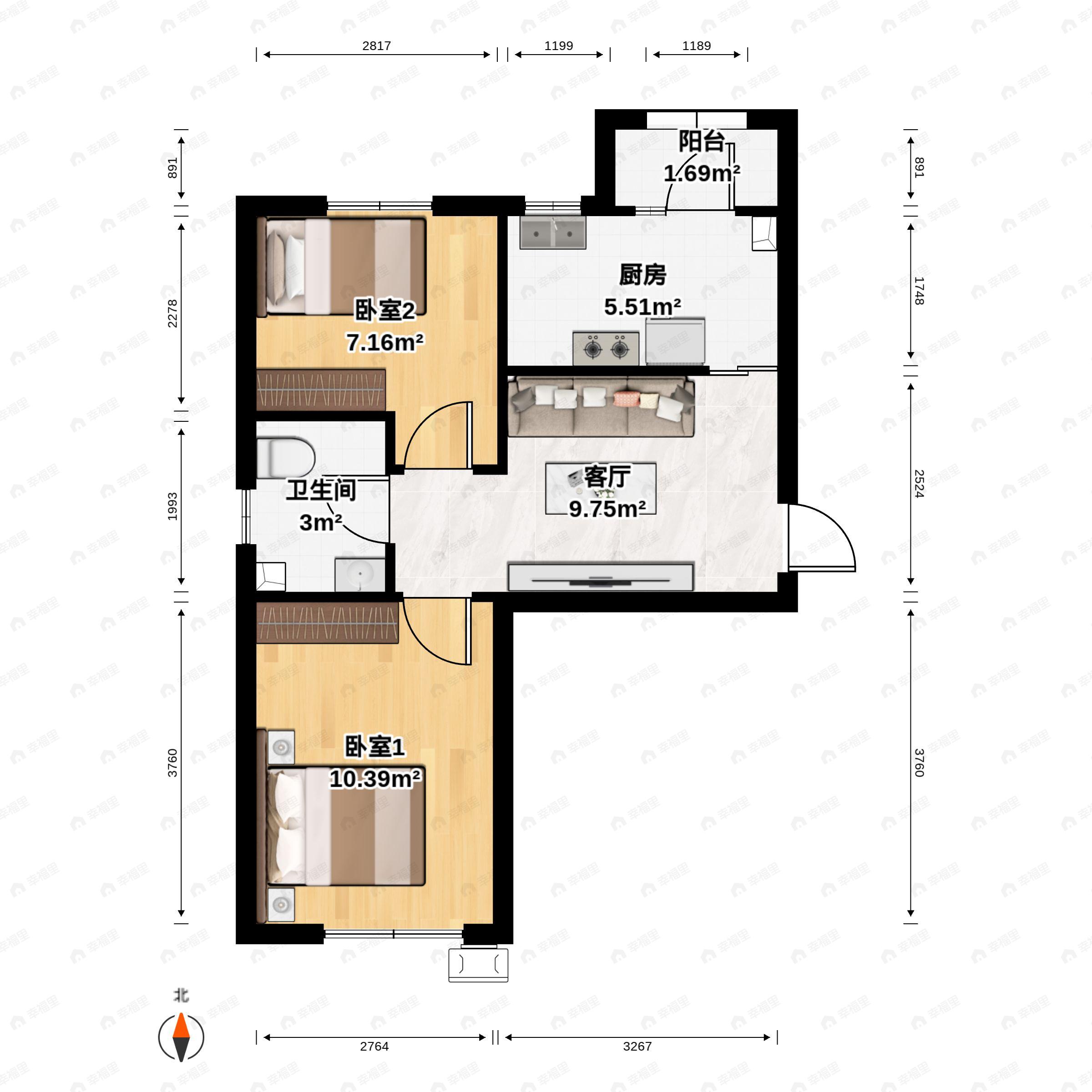 2室1厅1卫建面62平户型图
