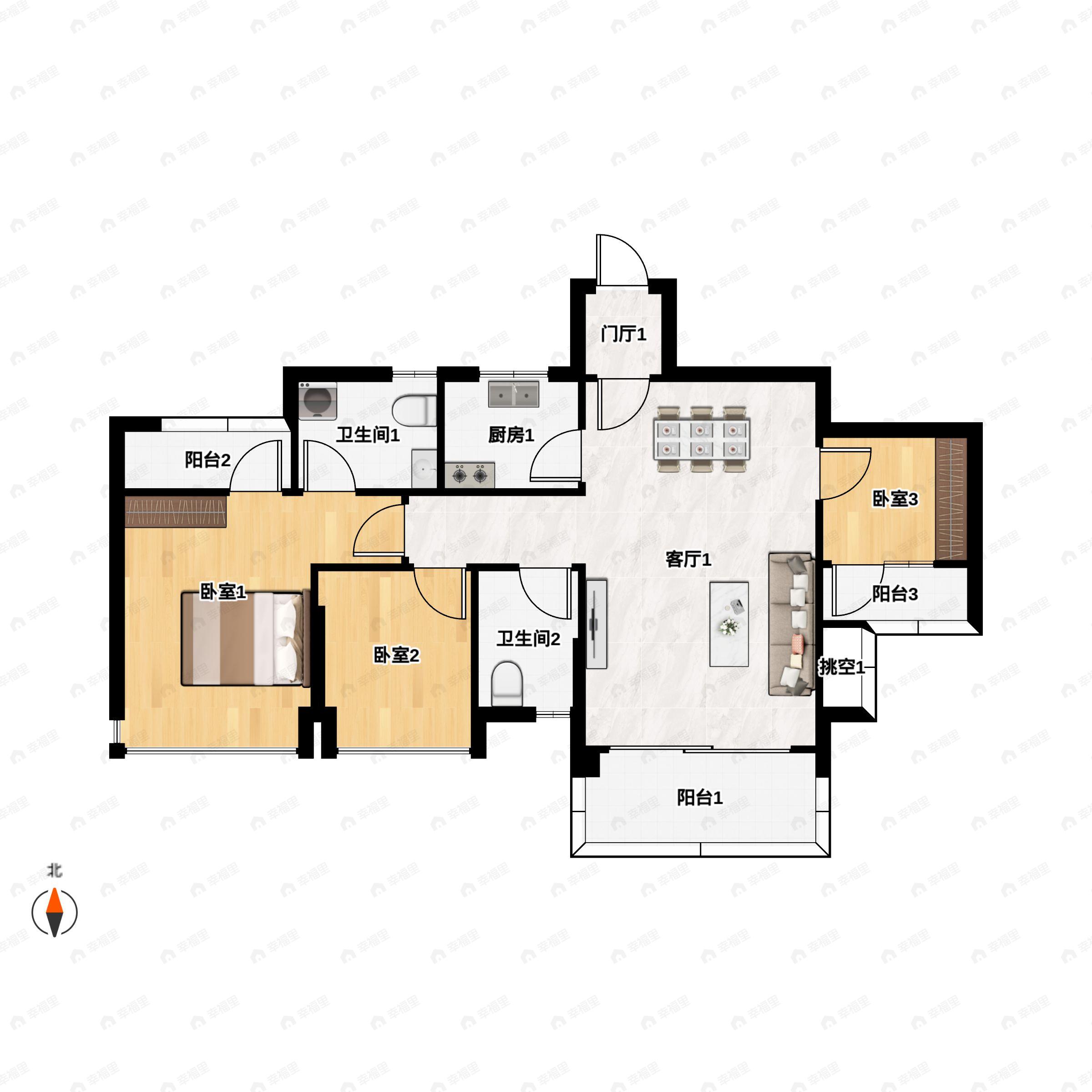 3室2厅2卫建面89m²南|北户型图