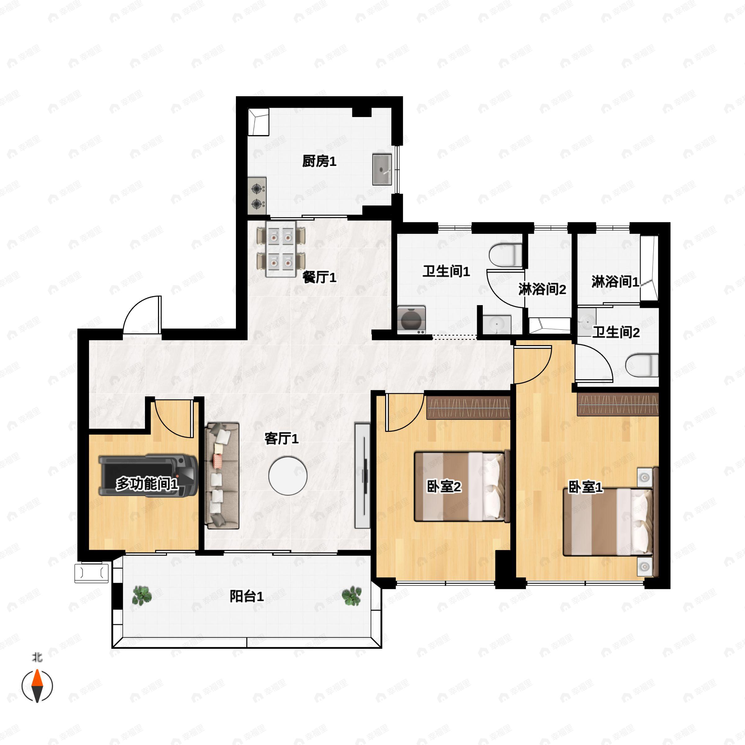 3室2厅2卫建面109m²南户型图