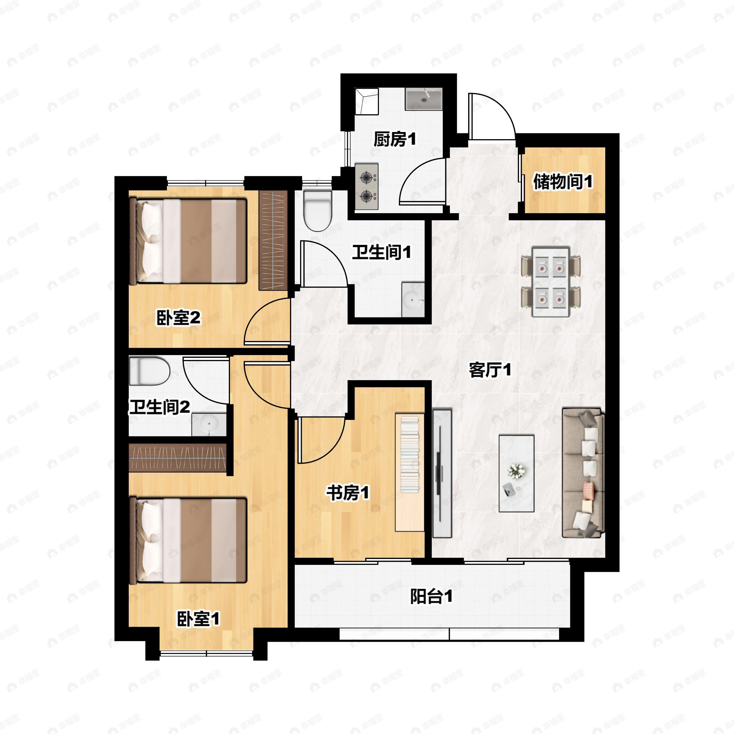 3室2厅2卫建面113平南户型图